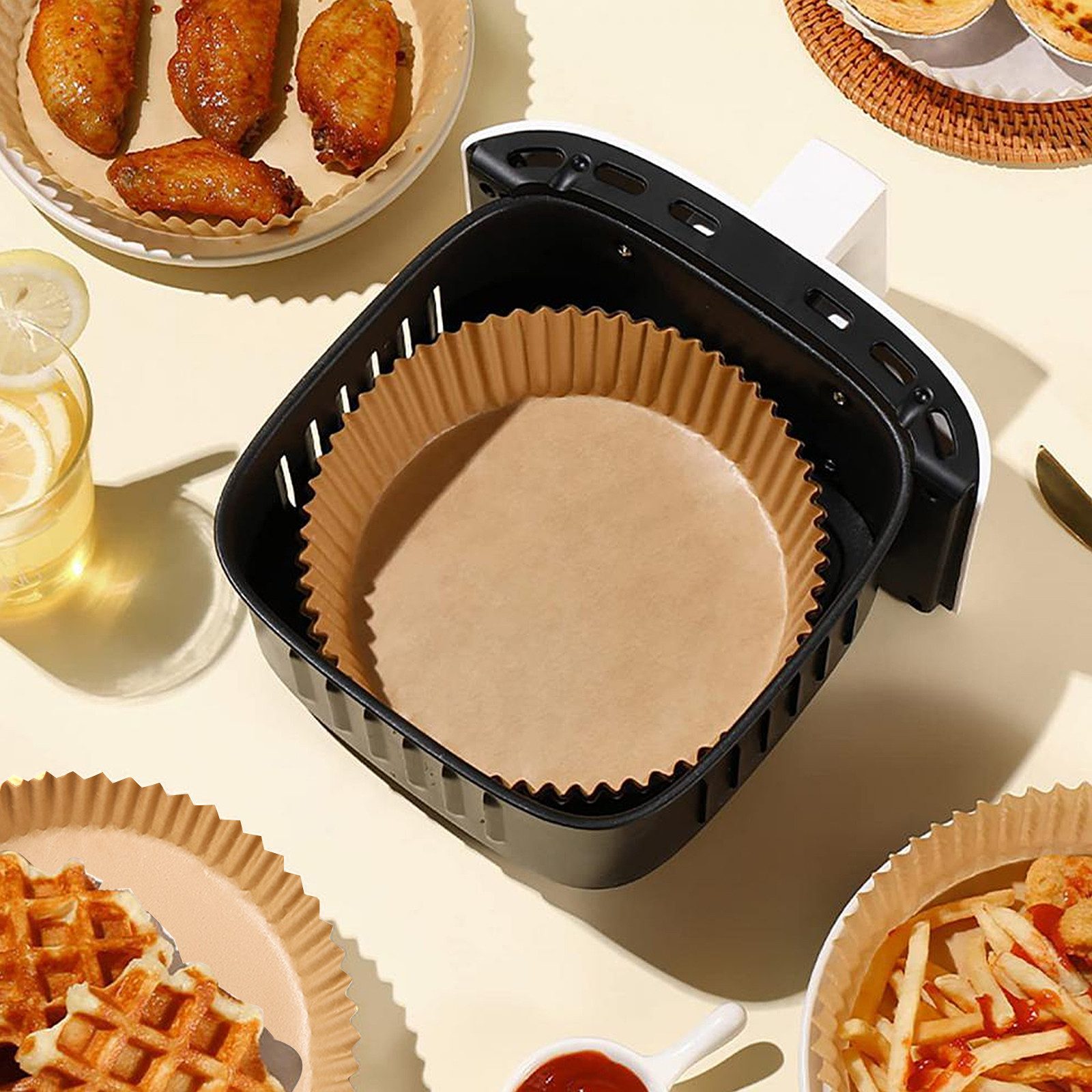 Kityhome Backpapier Luftfritteuse Papier Schalen, 50 Stück, hitzebeständig, fettfest, Vorgeformte schalenförmige Design