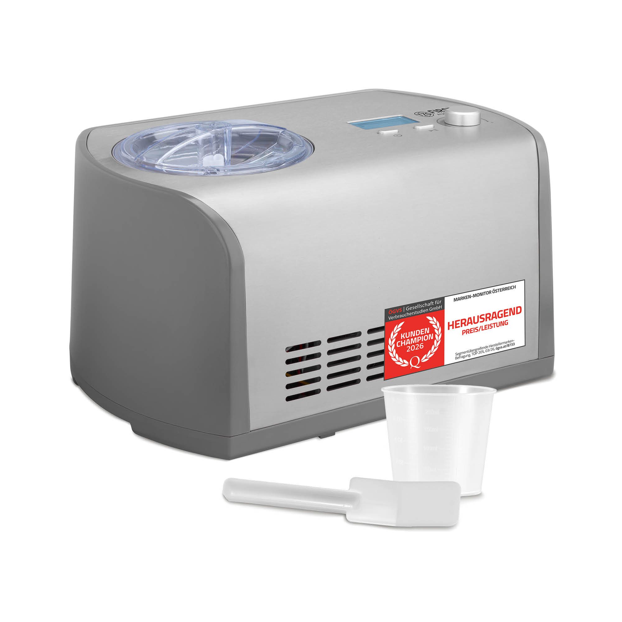 TZS FIRST AUSTRIA Eismaschine 1,2L, 135W, mit Kühlkompressor & Kühlhaltefunktion, 60-Min Zubereitung, 1 l, 135 W, entnehmbarer 1,2L Eisbehälter, Eismaschine, inkl. Messbecher, Spatel