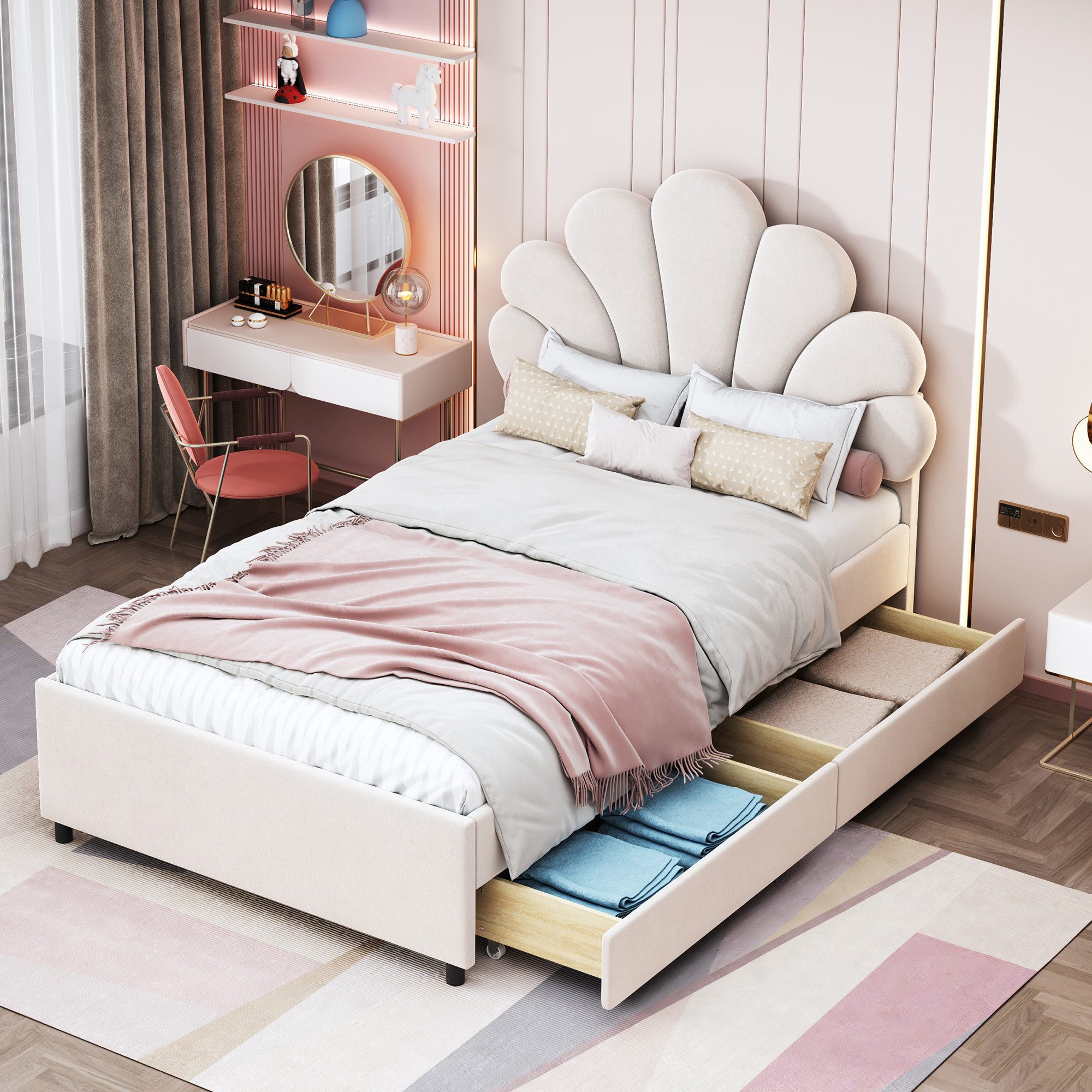 Flieks Polsterbett, Einzelbett Blumenform-Kopfteil Samt 90x200cm mit 2 Schu günstig online kaufen