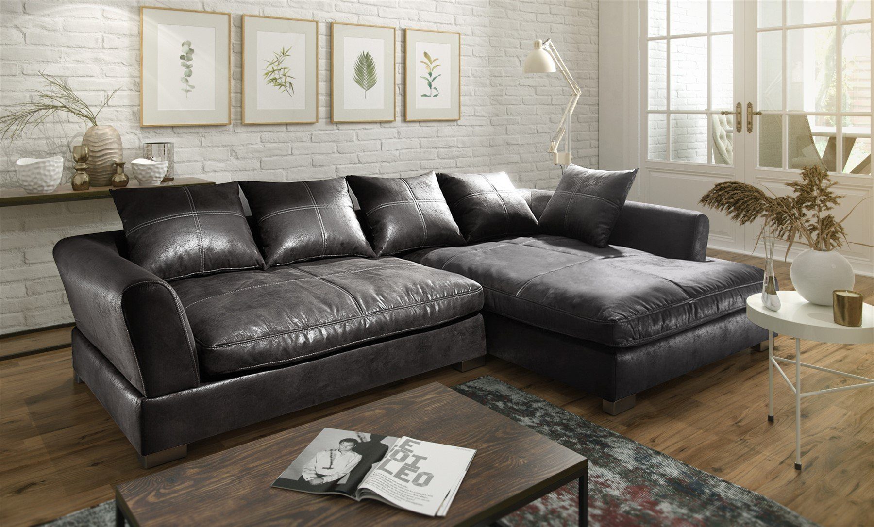 Fun Möbel Ecksofa Couchgarnitur TIZIAN L-Form in Wildlederoptik-Schwarz / Ottomane, N/A 1 Teile, 5 x Rückenkissen
