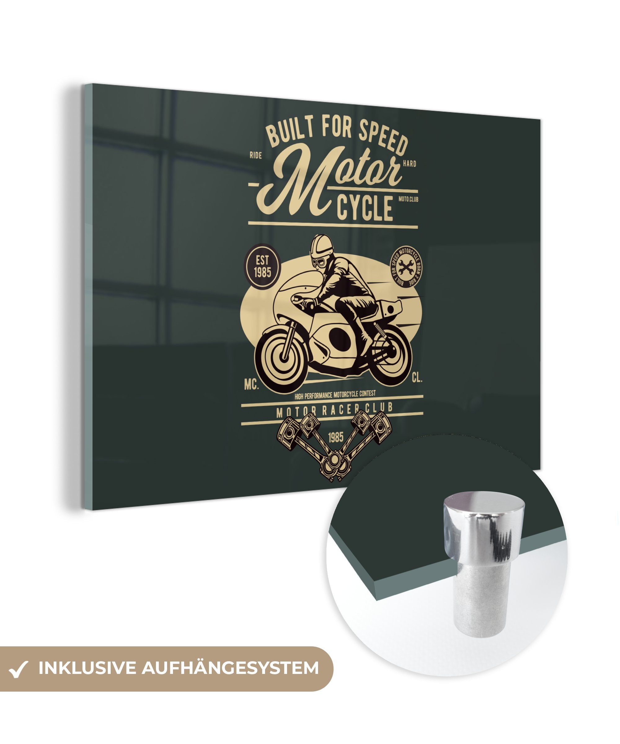 MuchoWow Acrylglasbild Mancave - Motorrad - Vintage - Zitate, (1 St), Glasbilder - Bilder auf Glas Wandbild - Foto auf Glas - Wanddekoration