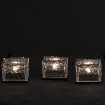 STAR TRADING LED Windlicht LED Solar Kerzen Windlichter Eiswürfelform Cube Lichtsensor 3 Stück, LED Classic, warmweiß (2100K bis 3000K)