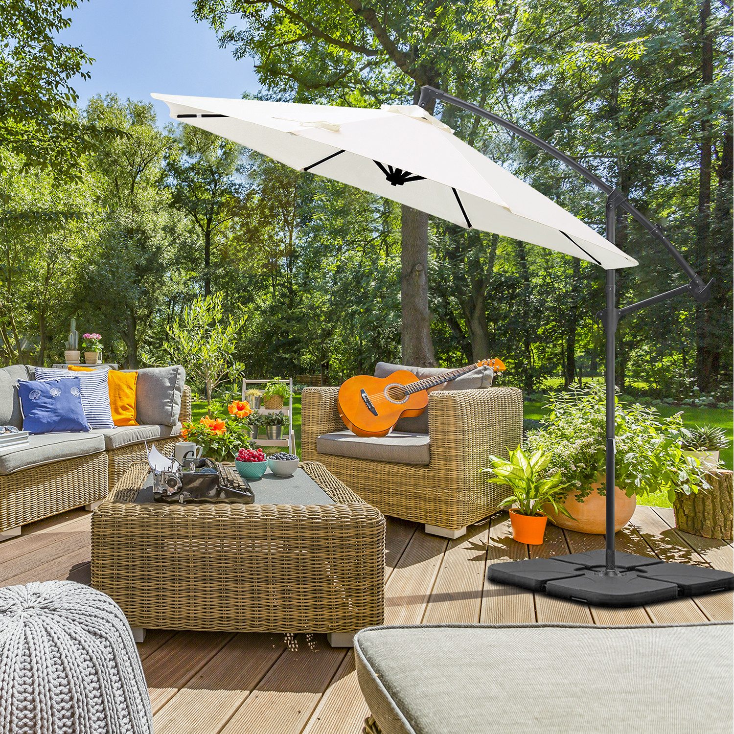 Sekey Sonnenschirm Ø300cm Ampelschirm mit Kreuzständer, Gartenschirm mit Kurbel, UV50+, LxB: 300,00x300,00 cm, mit/ohne LED-Lichtern, leicht zu öffnen und zu schließen