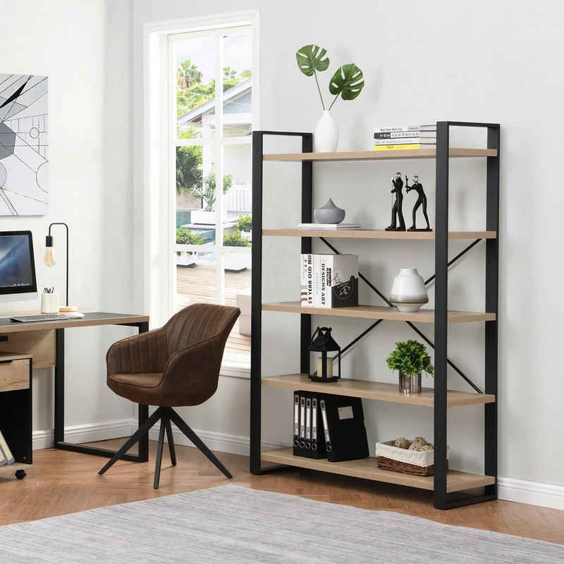 B&D home Bücherregal »Regal AVA«, Standregal mit 5 Ebenen, Raumteiler, 120 cm breit, 170 cm hoch, Eiche Optik, industrial