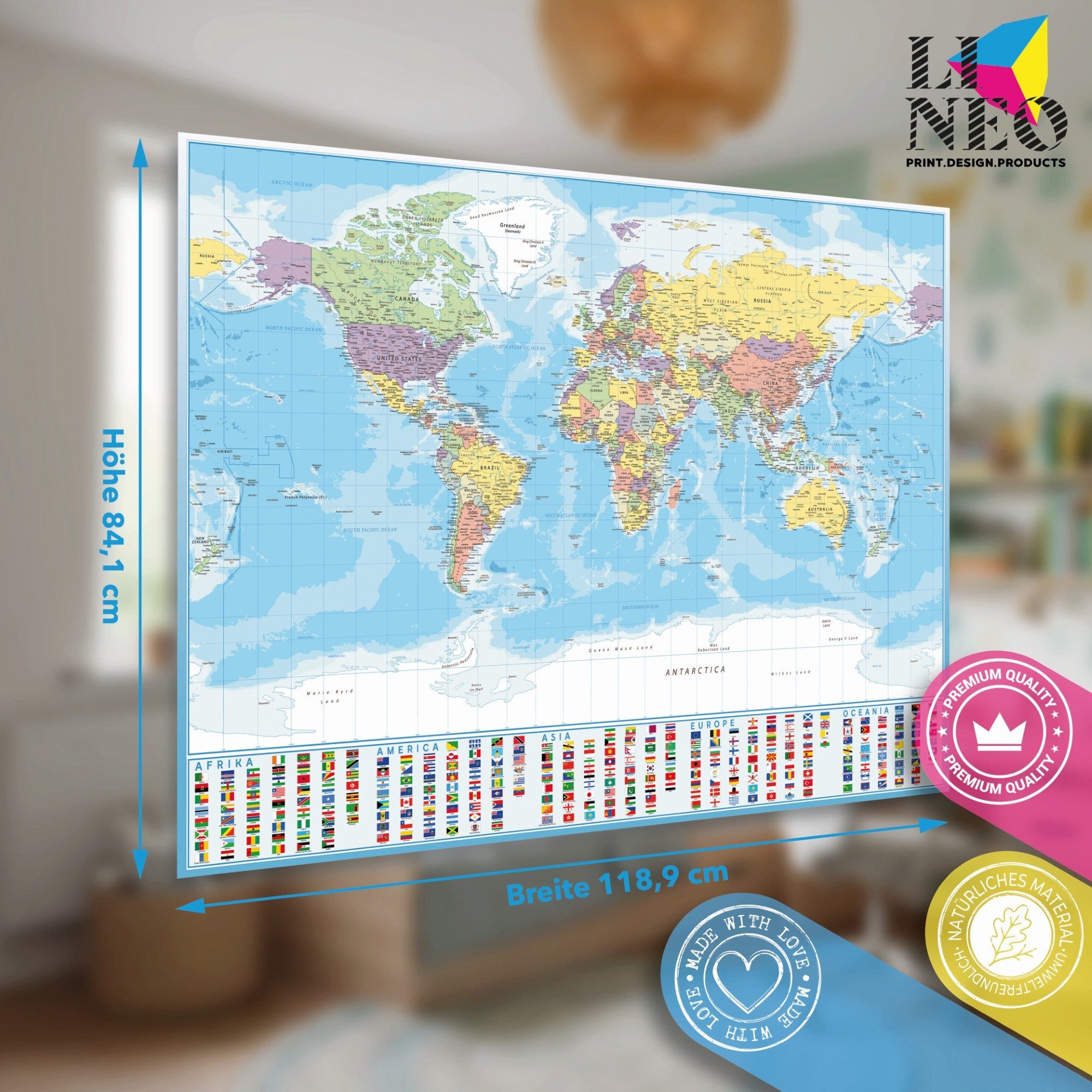 Lineo Poster Weltkarte XXL 120x85 cm, Weltkarte (1 St), Hochwertiges World-Map Poster im XXL Format