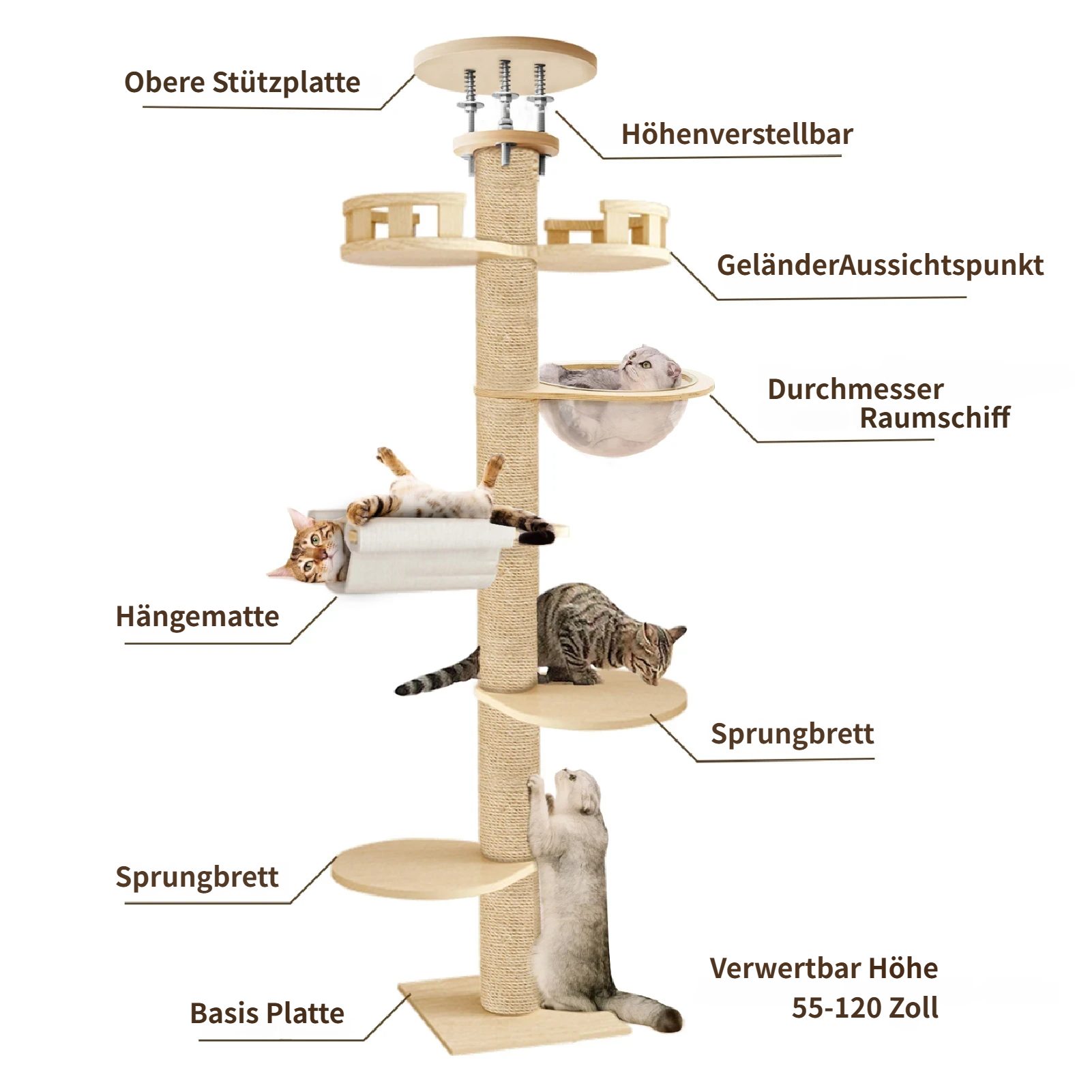 Rutaqian Kratzbaum Katzenhöhle, Kratzbaum Deckenhoch XXL für Große Katzen, Höhe 315 cm, Höhenverstellbar Katzenklettergerüst für große katzen, Kippschutz