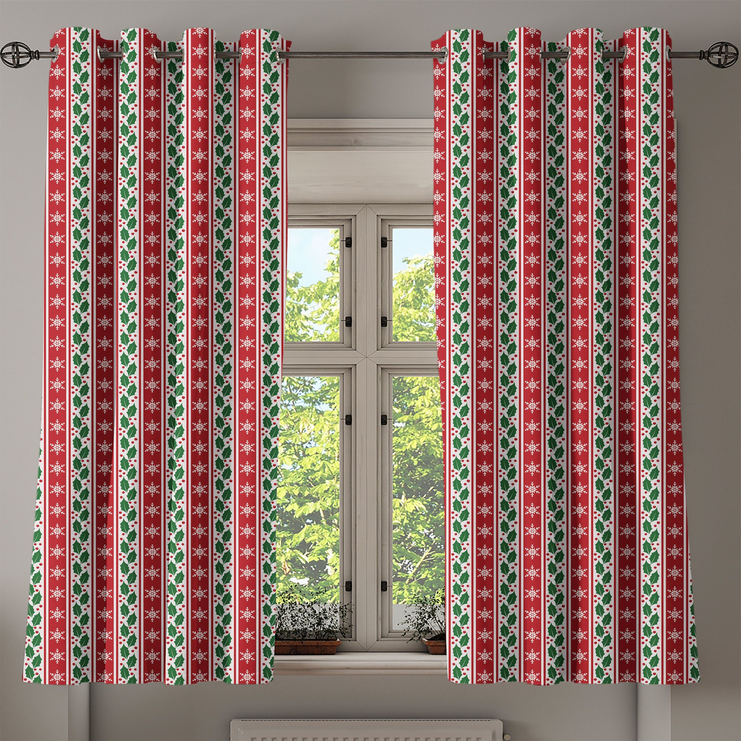 Abakuhaus, Gardine Holly Wohnzimmer, Dekorative Schneeflocke 2-Panel-Fenstervorhänge Beeren Schlafzimmer Banner für