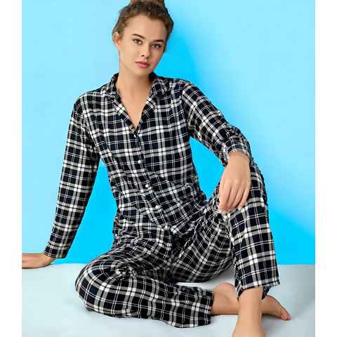 fashionshowcase Schlafanzug Pyjama Set Langärmliger Damen Schlafanzug - Nachtmode Hose Kragenhemd (Zweiteiler, Nachthemd mit Hose) mit Knöpfen