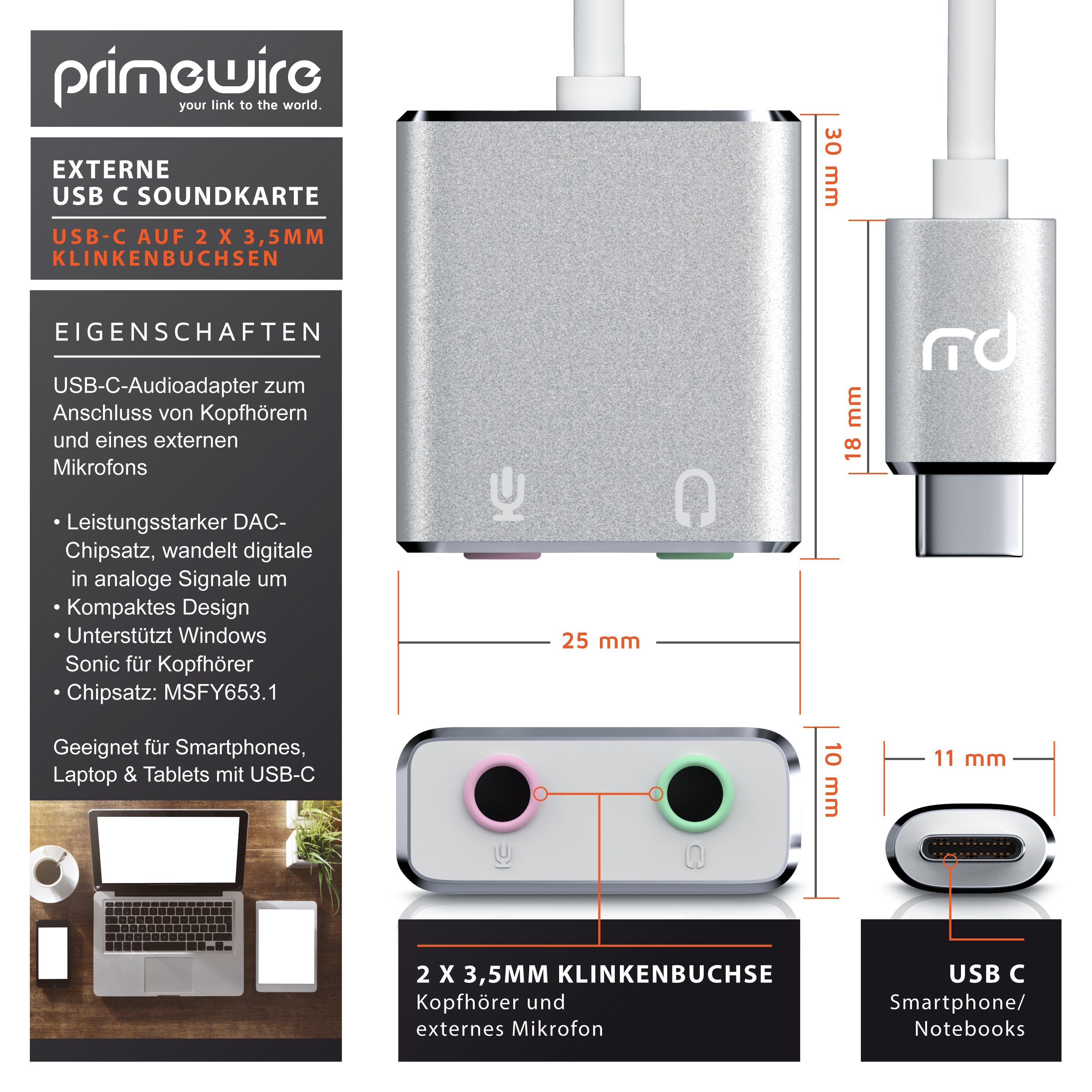 Primewire extern, USB C auf Klinke 3,5mm, Stereo Audio Adapter USB-Soundkarte Virtual 7.1 Surround, Kopfhörer Adapter, DAC, Windows 7/8/10, Mac OS X, Android 6, Linux