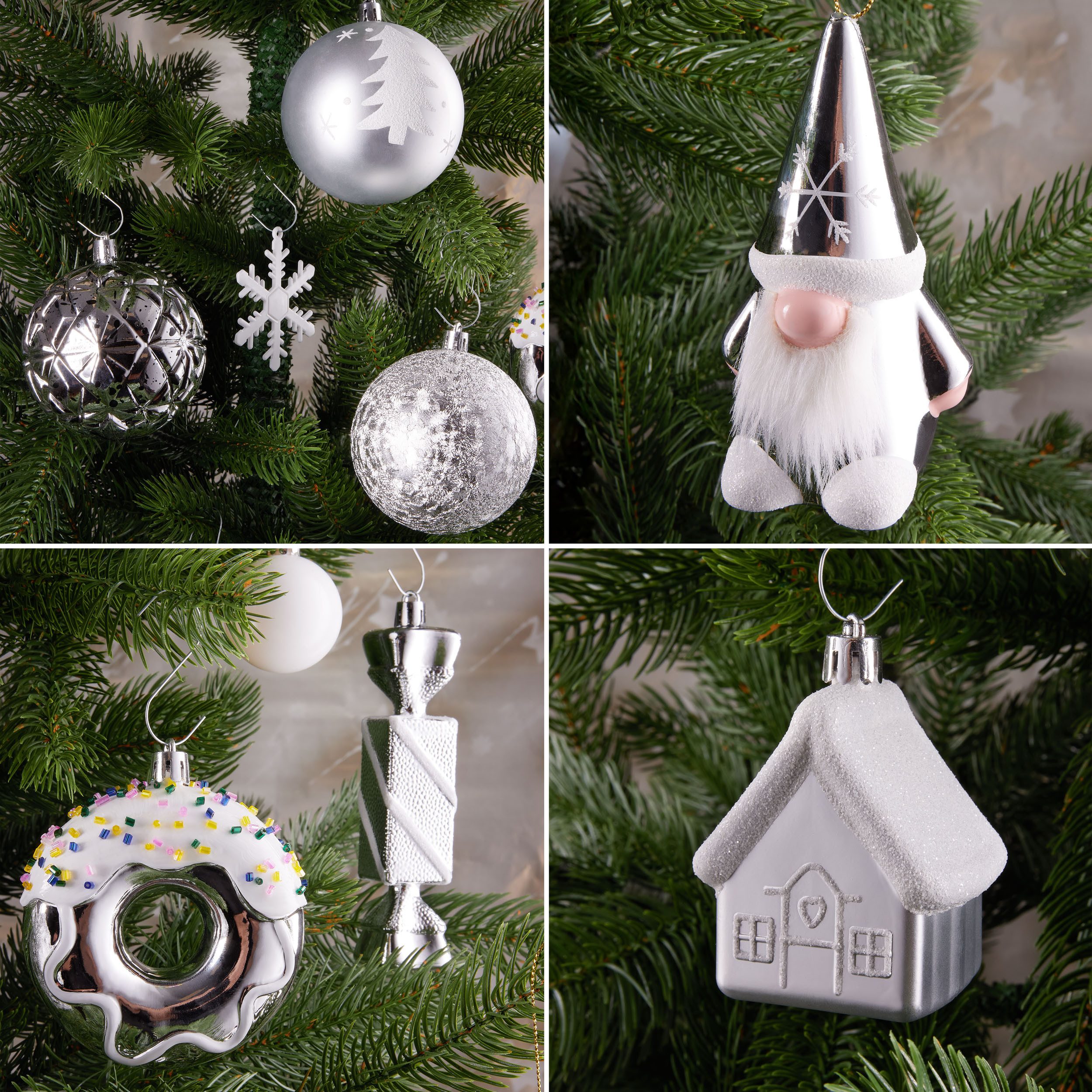 BRUBAKER Christbaumschmuck 64 Stück Christbaumschmuck - Baumschmuck Weihnachtskugel Set (64-tlg), mit Donuts, Häuser, Schneeflocken, Kugeln und Bonbons - Baumkugel