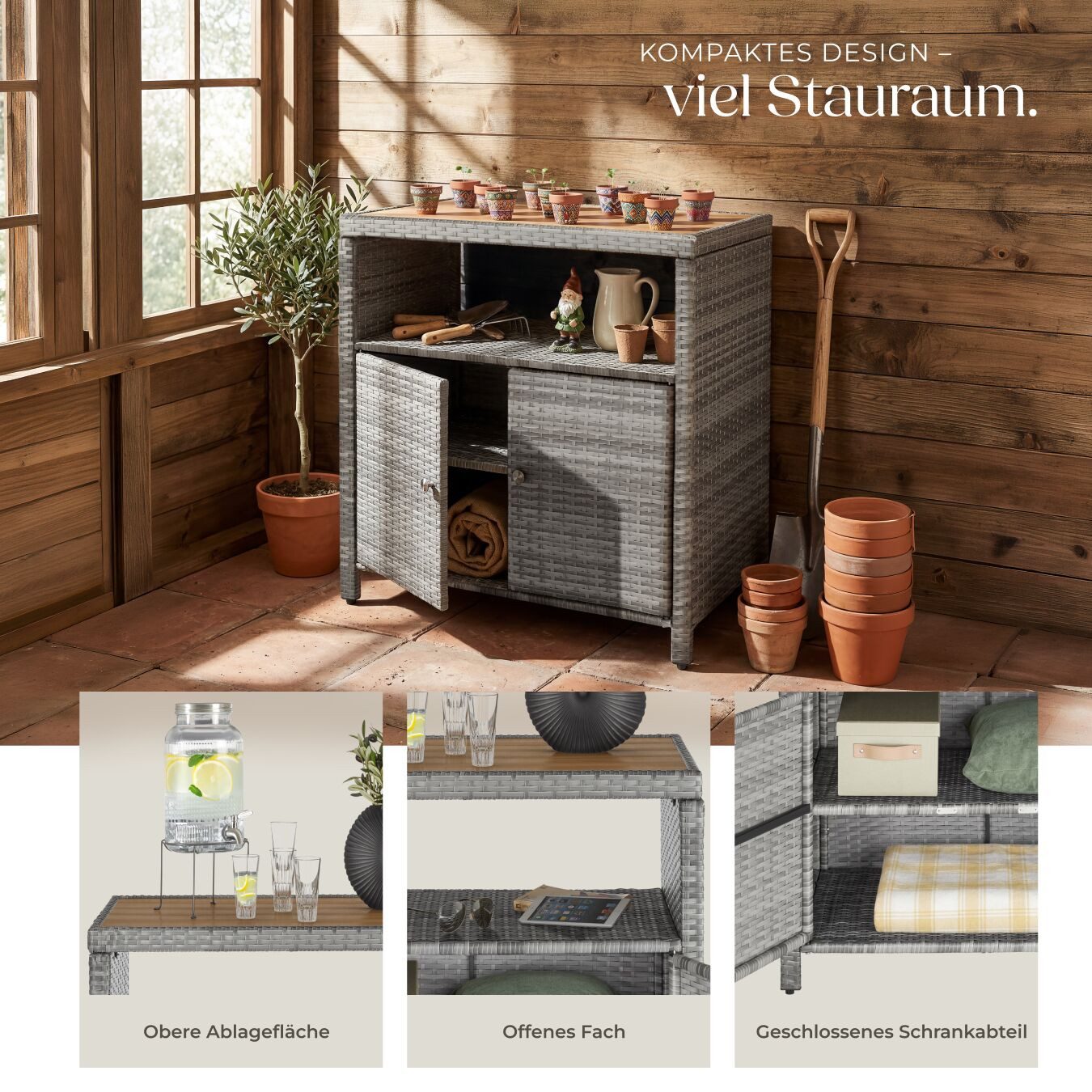 tectake Geräteschrank WPC-Schrank - wetterfest mit WPC-Lamellen in Holzoptik (Gartenschrank Monscia, 1-St., in Grau) fein geflochtenes Polyrattan