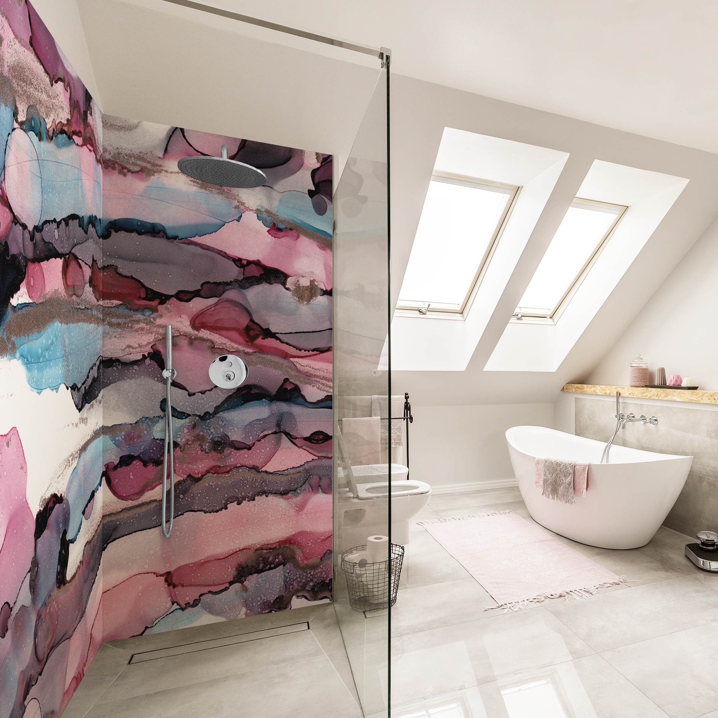 Thumbnail - Bilderdepot24 Duschrückwand Abstrakt pink Duschrückwand ohne Bohren Dusche Aquarell, (2-tlg., 0,61 mm starke Folie selbs...