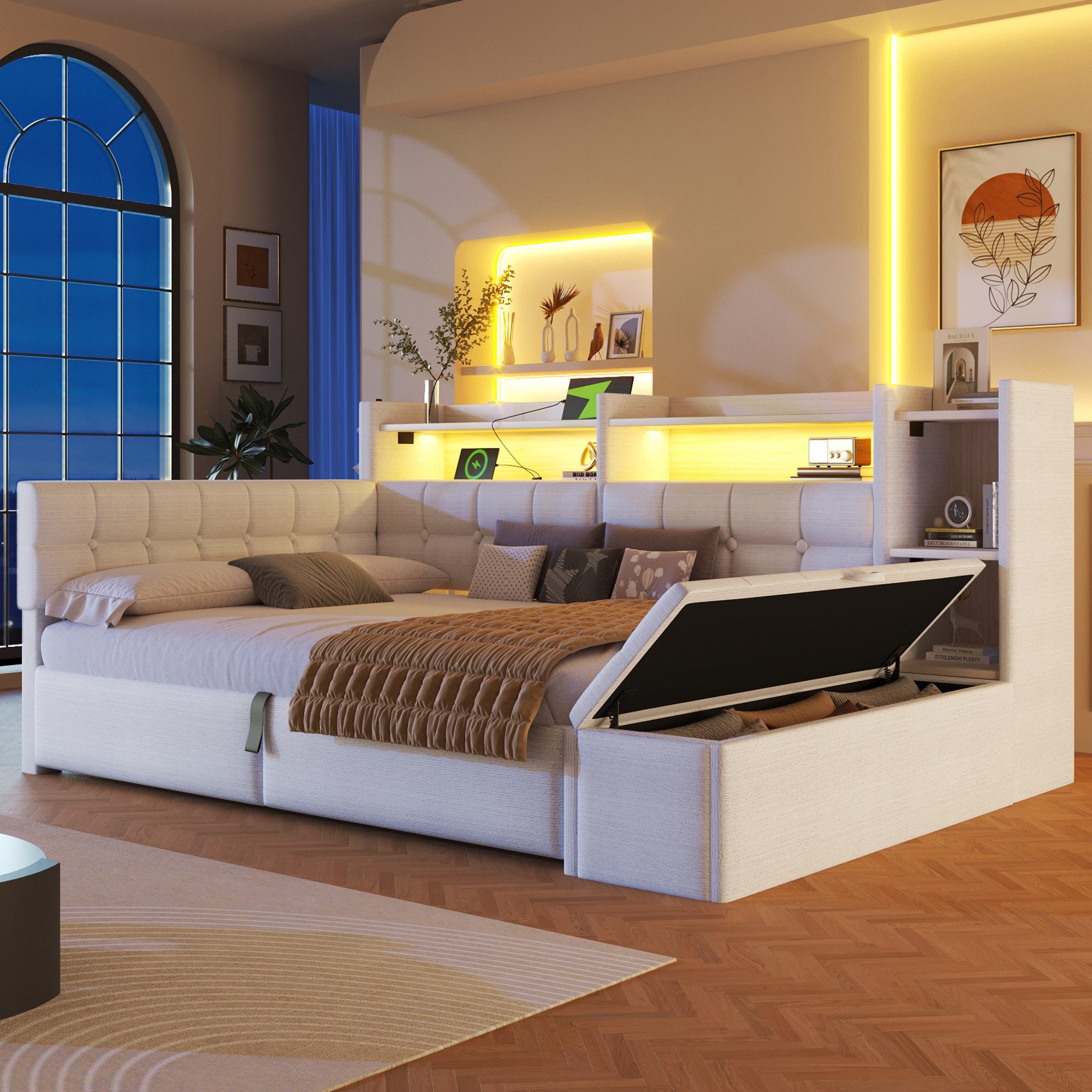 Merax Daybett mit LED Lichtleiste, USB, Typ-C & Bettkasten, Samt (Schlafsofa Sofabett Jugendbett Kinderbett Doppelbett, 1 tlg), Tagesbett 140x200cm mit hydraulischem Stauraum,Ablagefach,Stauraumbank