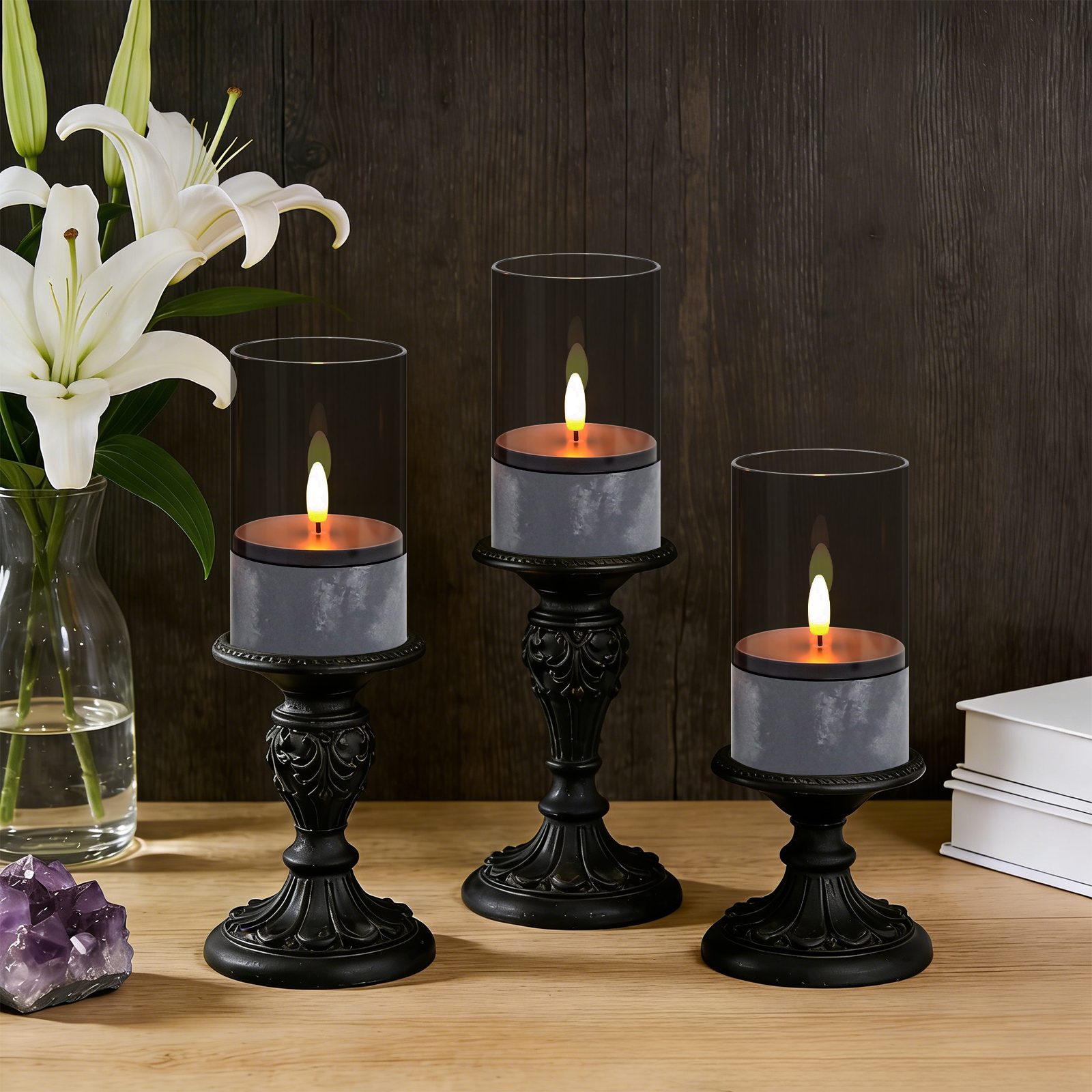 kisidus LED-Kerze Flammenlose LED Kerzen (realistische flackernde Kerzen 3D-Docht, 3er Set, Ø 7.5cm x 12.5cm), Festliche Kerzen für Schlafzimmer, Badezimme, Weihnachten Deko