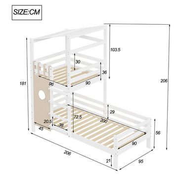 IDEASY Holzbett Kinderbett 90x200, Etagenbett mit Dachschräge, (21 cm über dem Boden), hochwertiger Lattenrost aus Massivholz, grau/weiß