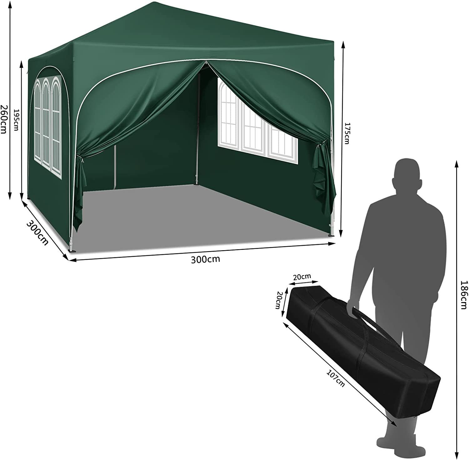 Woltu Faltpavillon, mit 4 Seitenteilen, 3x3 m, mit 4 Seitenwänden, höhenverstellbar