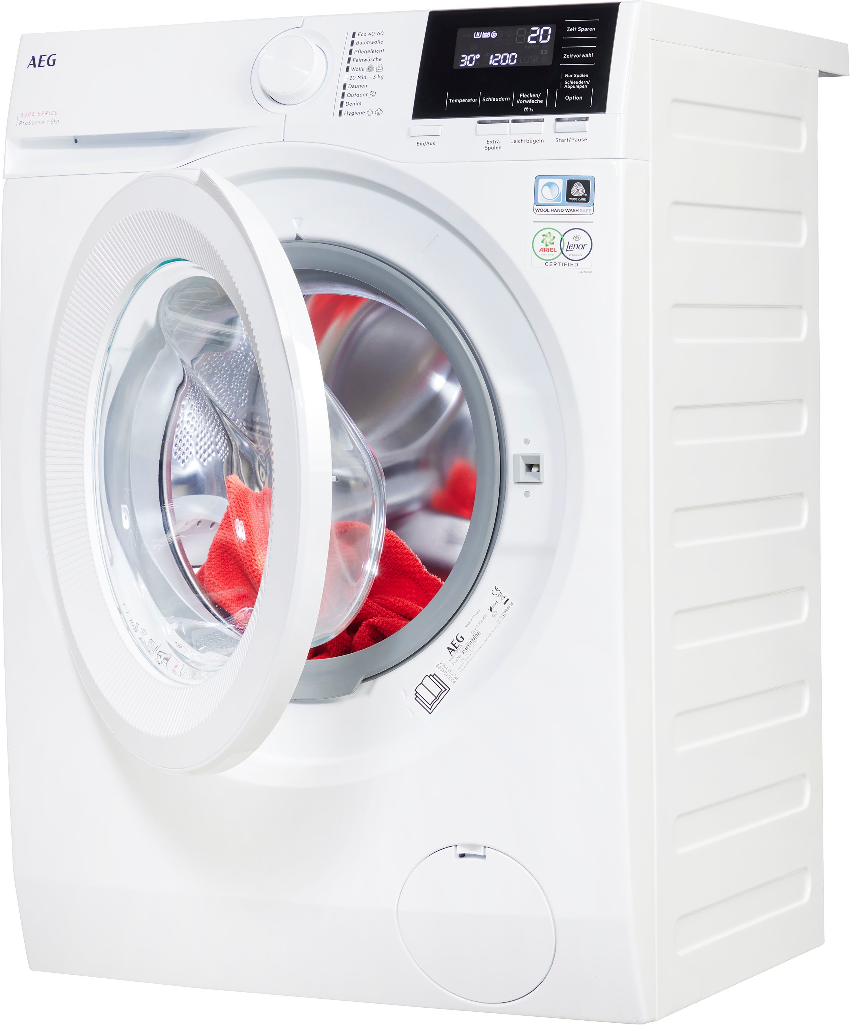 U/min, ProSense® - Wasser und spart Zeit, 1400 bis 6000 Mengenautomatik​ Energie AEG Waschmaschine kg, LR6A648, 40% 8
