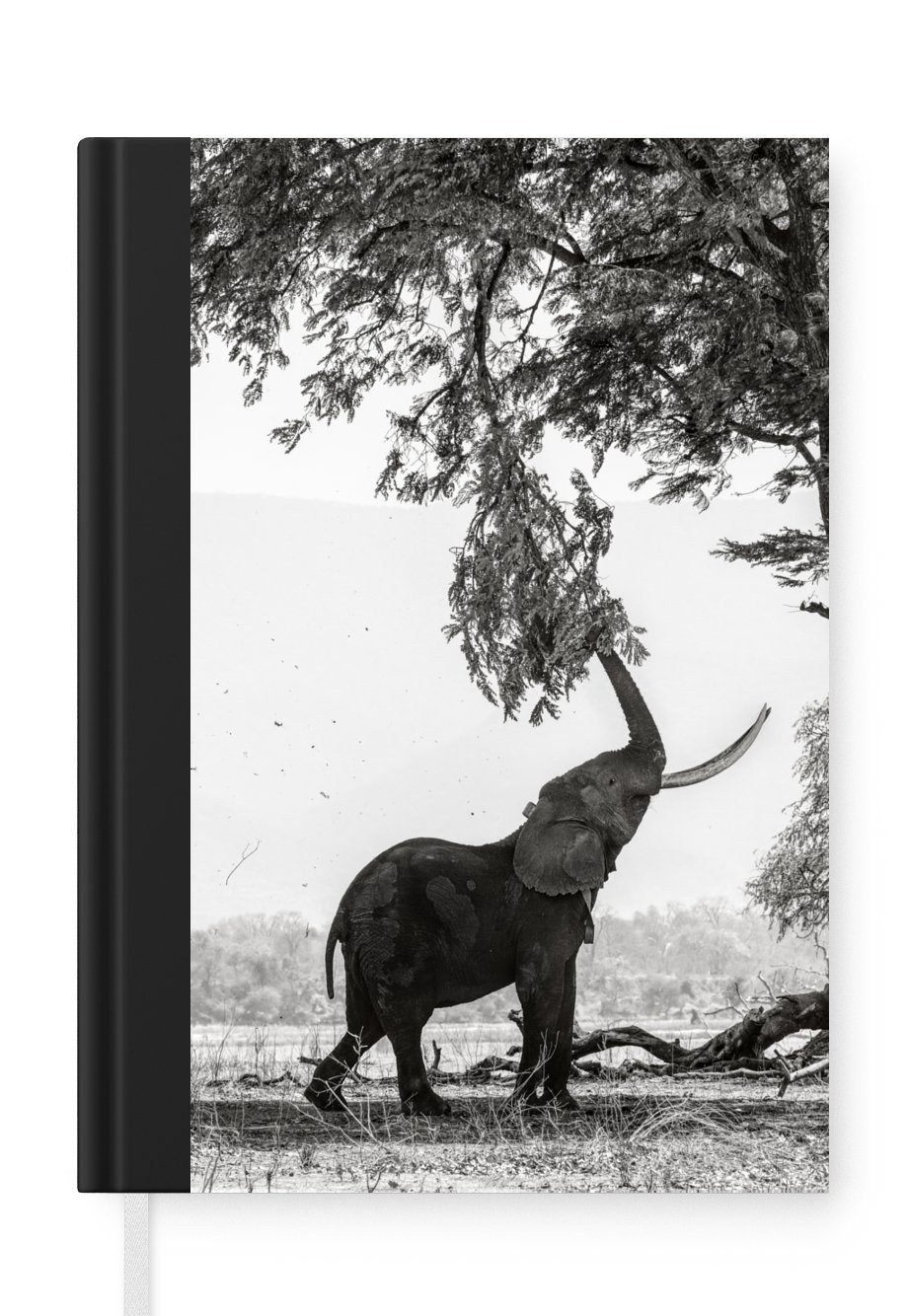 MuchoWow Notizbuch Elefant - Baum - Tiere - Schwarz und weiß, Journal, Merkzettel, Tagebuch, Notizheft, A5, 98 Seiten, Haushaltsbuch