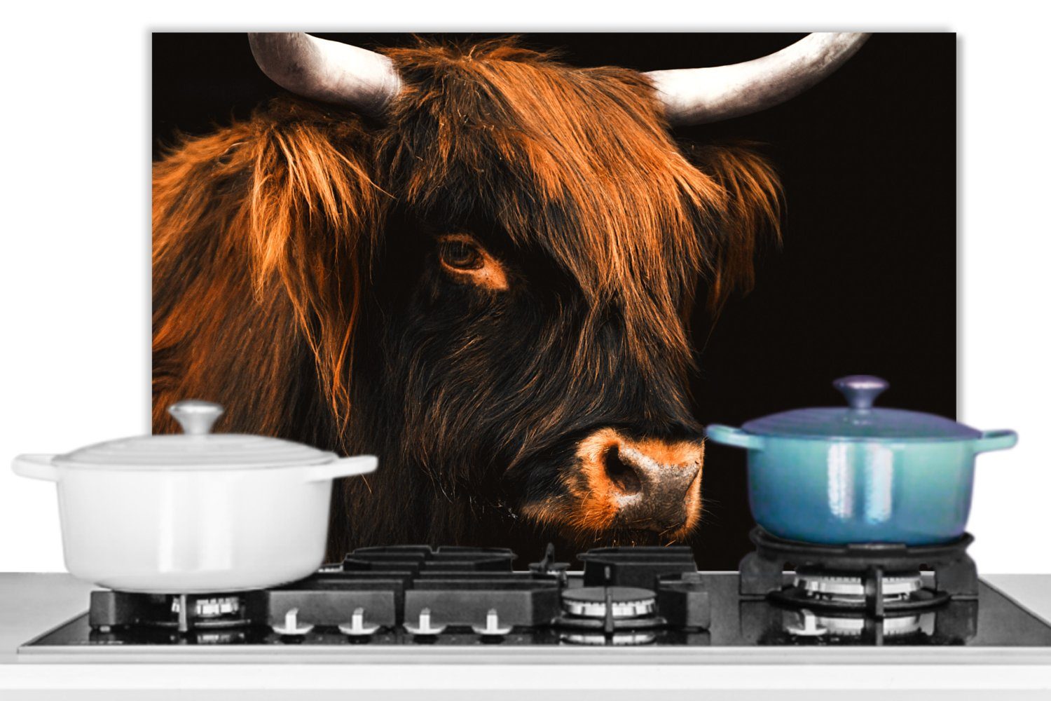 - Horn Schwarz Kuh küchen Schottischer cm, Tiere, MuchoWow 60x40 Wandschutz, Herdblende Highlander - Temperaturbeständig - aus Küchenrückwand (1-tlg), -