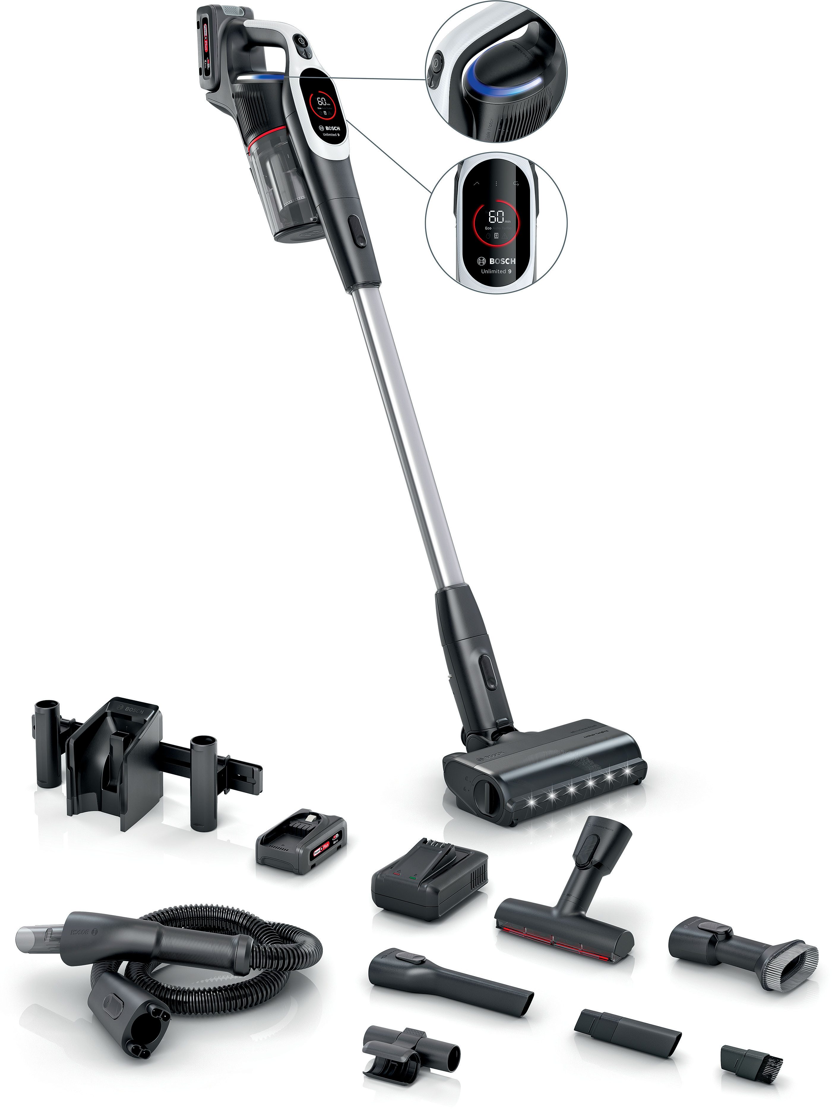 BOSCH Akku-Stielstaubsauger BTS942WQC, beutellos, LED-Licht, HEPA-Filtersystem, Schnellladegerät, 2 Akkus, weiß