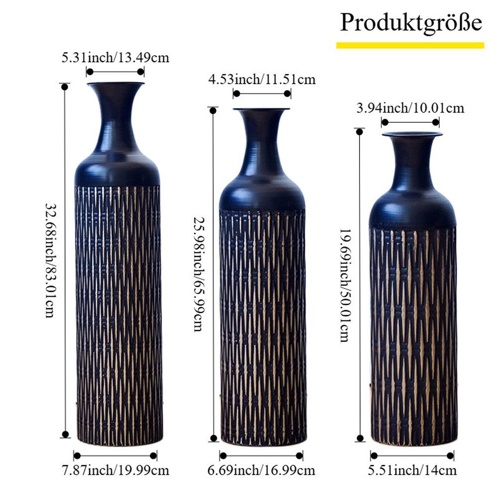 BlingBin Bodenvase Bodenvase Große 3er Set (50/66/83 cm) - Metallvasen mit Rillenmuster (3er Set, 3 St., Groß: 20*20*83CM/Mittel: 17*17*65CM/Klein: 14*14*50CM), Dekorative Vase für Wohnzimmer, Flur und Schlafzimmer, Schwarz