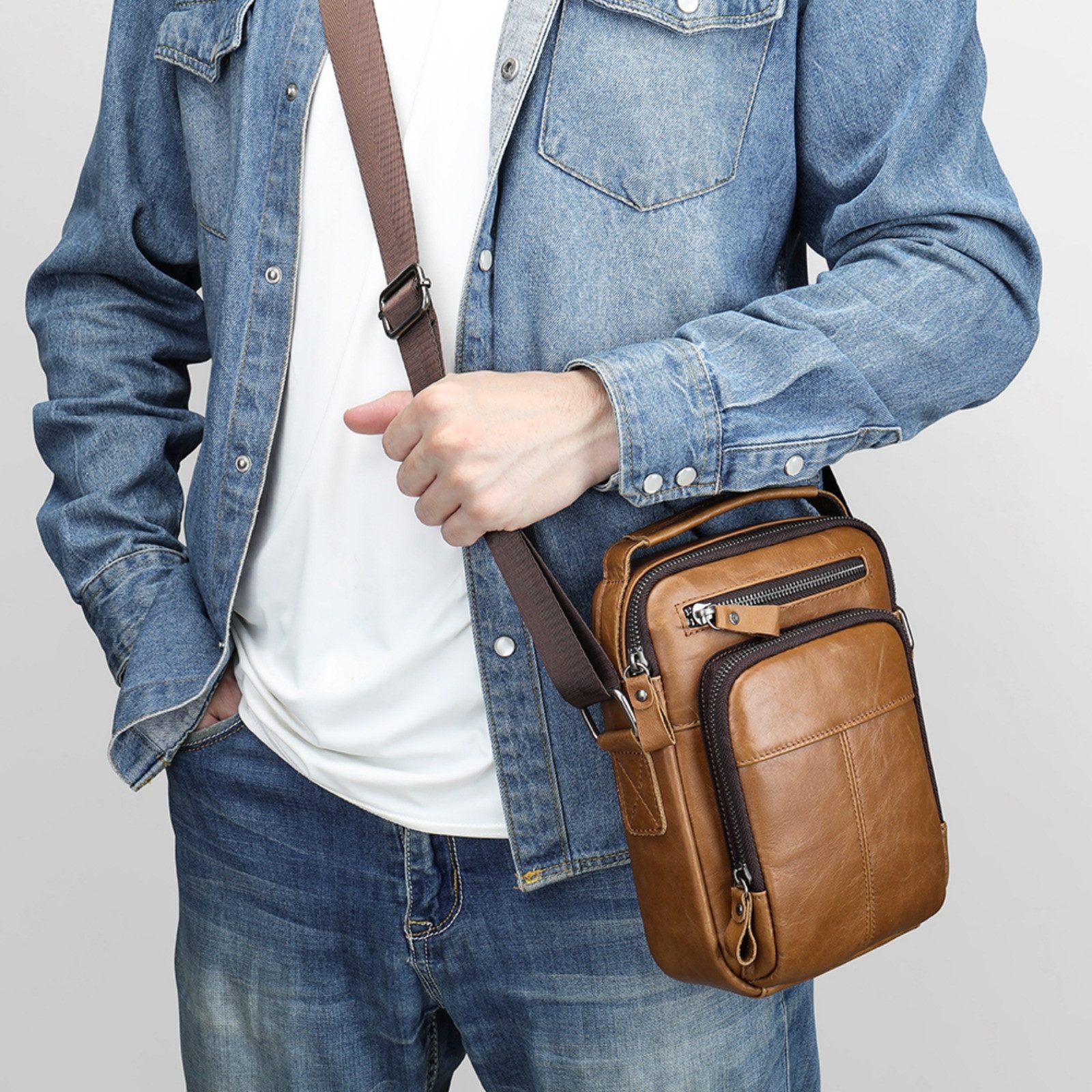 YUBRO-STUDIO Schultertasche Herren Umhängetasche Leder Rindsleder günstig online kaufen