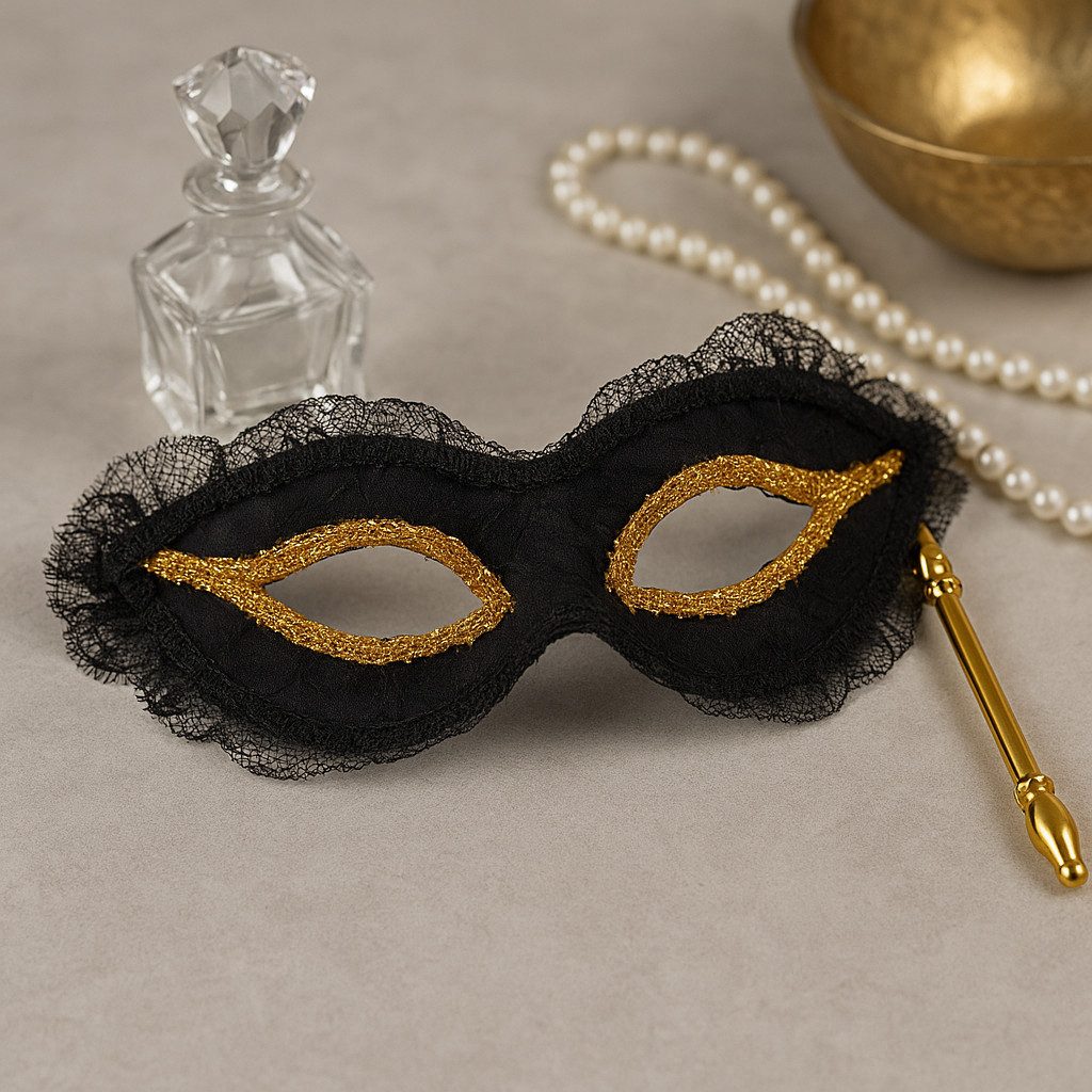 Widmann S.r.l. Verkleidungsmaske Domino Maske schwarz-gold mit Stab Kostümaccessoire, Elegant, geheimnisvoll, glamourös