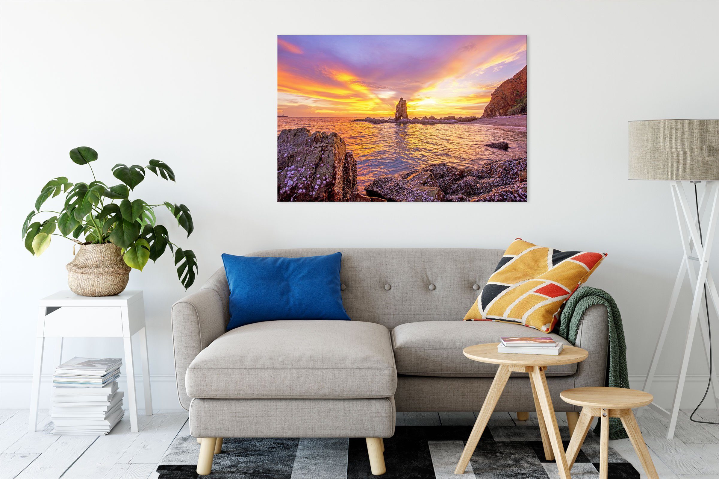 Sonnenuntergang Leinwandbild Zackenaufhänger mit St), bespannt, Leinwandbild Küstenlinie Küstenlinie Pixxprint inkl. (1 mit Sonnenuntergang, fertig