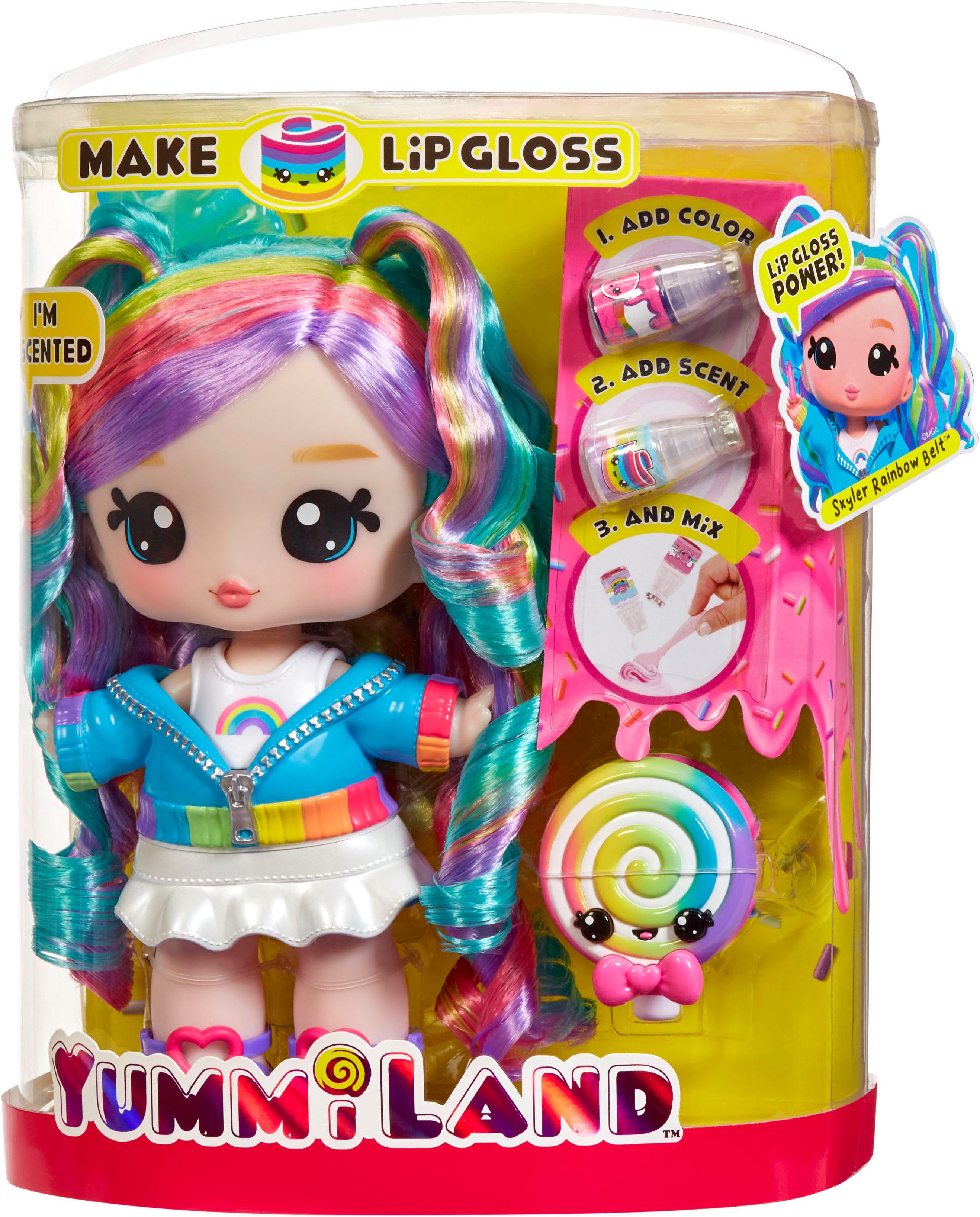 YUMMILAND Anziehpuppe Yummiland Large Doll + Lip Gloss Pet- Rainbow (Skyler Rainbow Belt), duftend