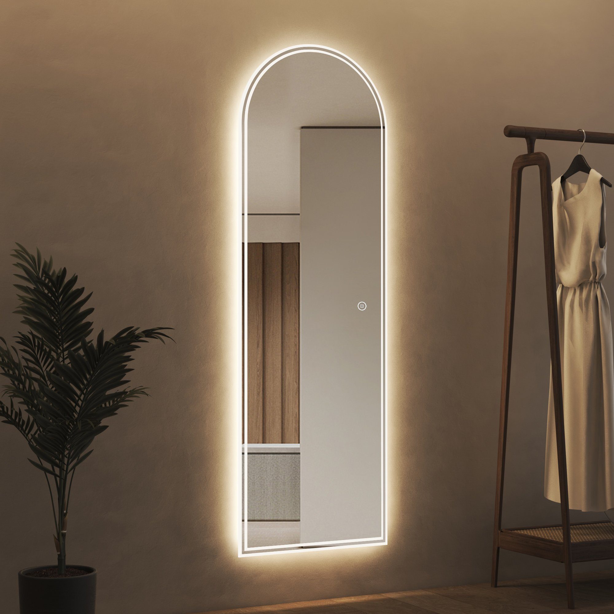 WDWRITTI Ganzkörperspiegel Led 165x60 150x50 Wandspiegel groß mit beleuchtung Bogen asymmetrisch (Spiegel Flur Ganzkörper 165x65 145x60, 3Lichtfarben, Speicherfunktion, Dimmbar), HD Spiegel