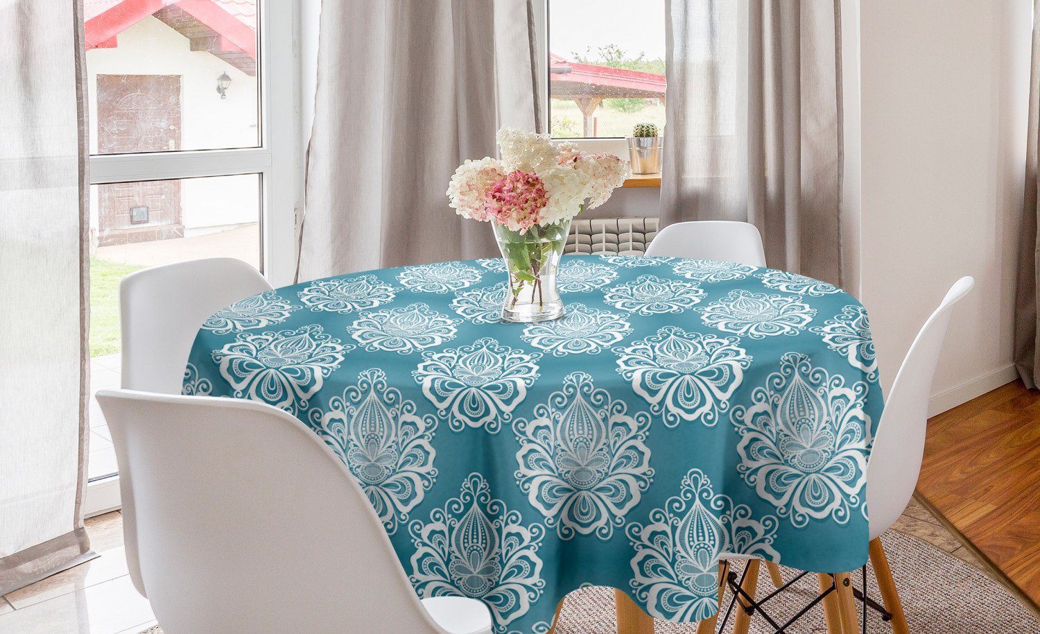 Abakuhaus Tischdecke Kreis Tischdecke Abdeckung für Esszimmer Küche Dekoration, Blau und weiß Curly Blumen