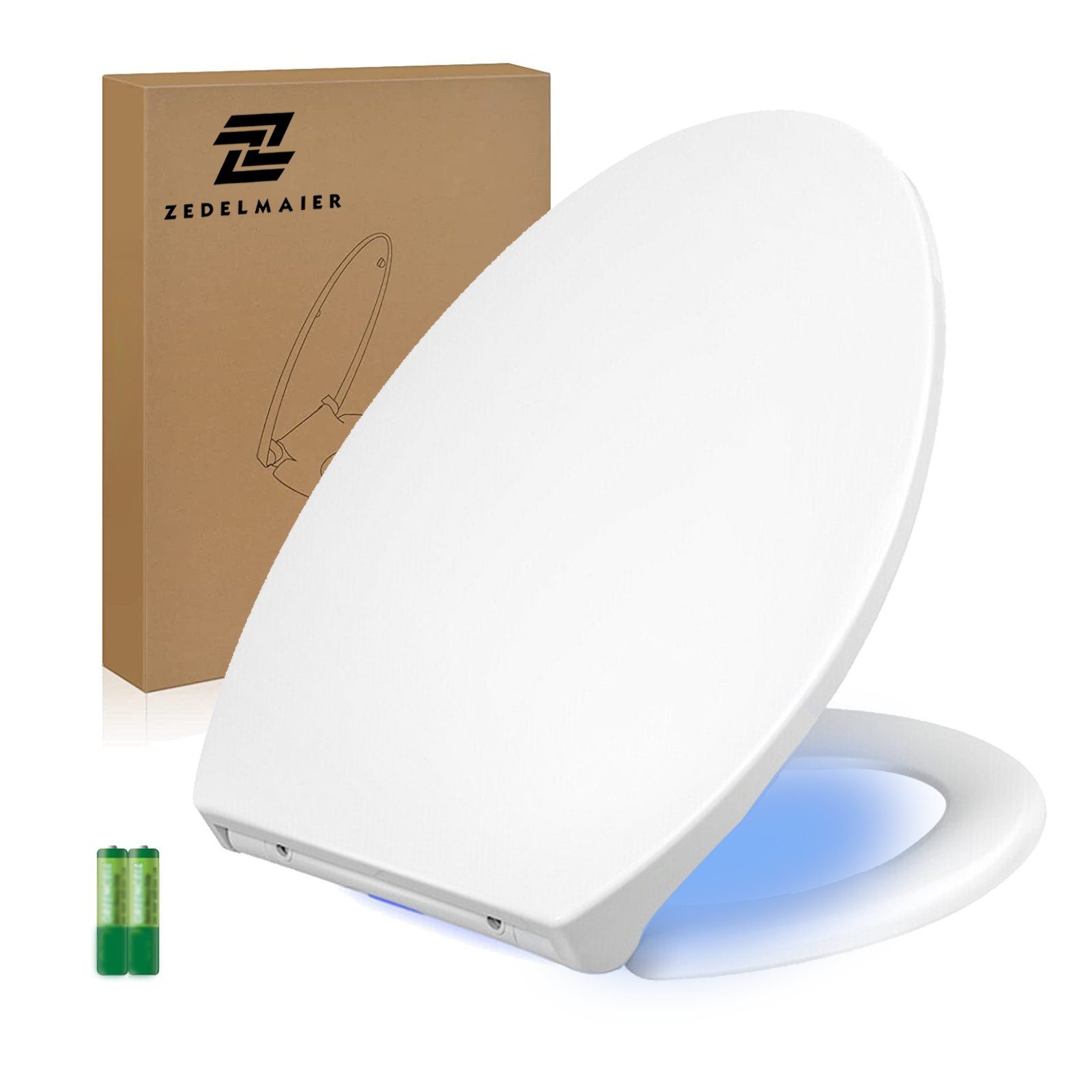 WC-Sitz Zedelmaier Крышки унитаза,WC Sitz Mit Absenkautomatik,Klodeckel, Universelle Oval mit Edelstahlscharnieren (Komplett-Set, WC Sitz inklusive allem Befestigungsmaterial und Anschlusskabel), BxL:‎ 37,2x40,7-45,7cm; Duroplast, mit Softclose; Reinigung abnehmbar, Mit LED Lichtern(Batterien enthalten)