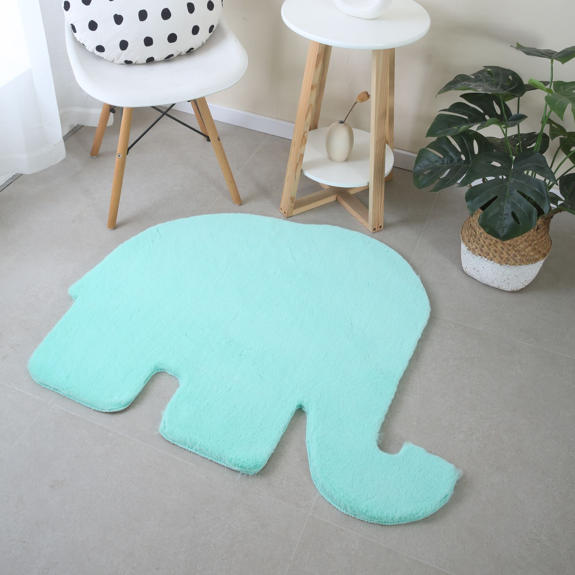 Einfarbig Teppich Mint Kunstfell Carpetsale24, Elefant Läufer, mm, 25 Kinderzimmer Elefantenform Höhe: Plüsch Form, Fellteppich