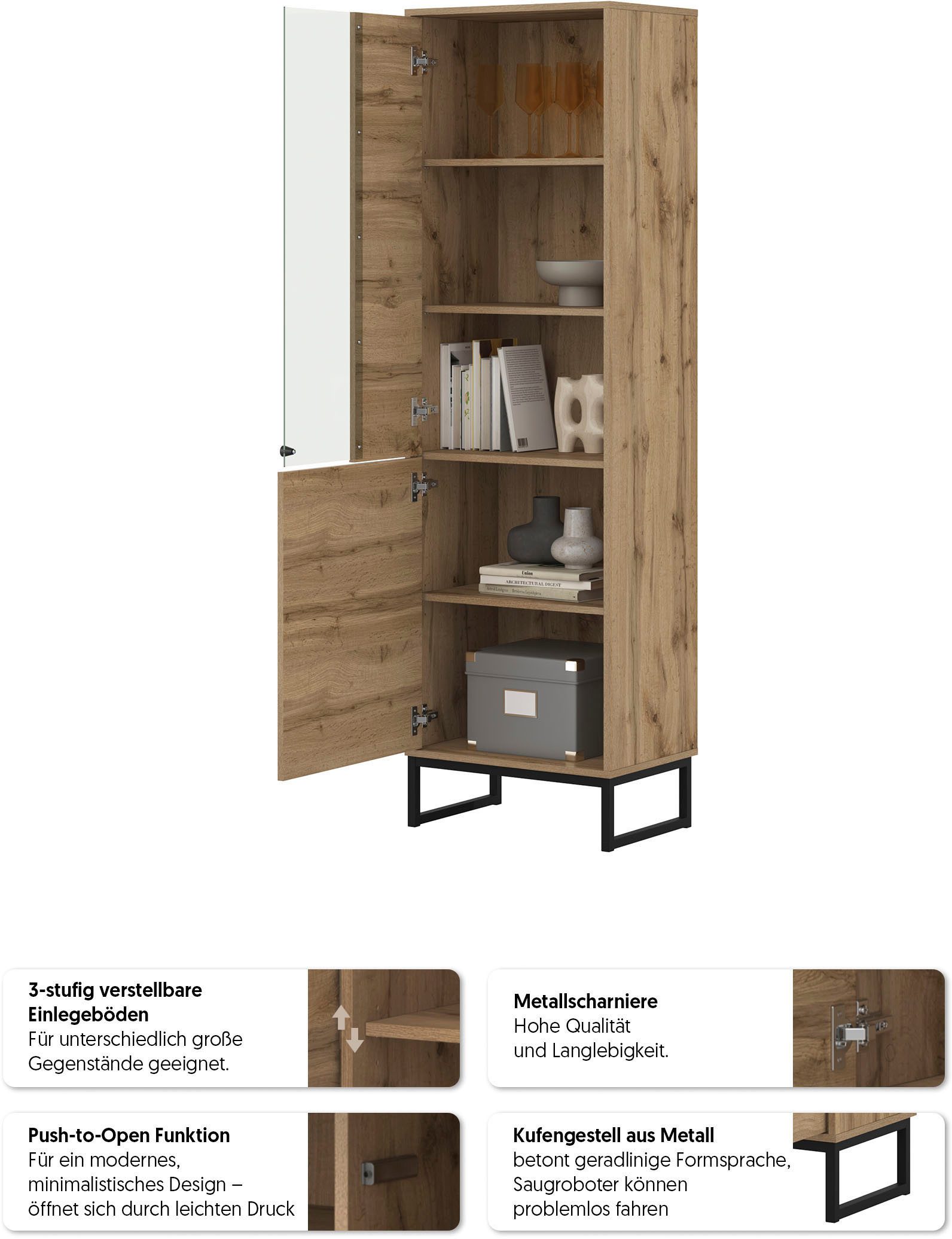 OTTO home Vitrine Loft, Höhe 180 cm, moderne Standvitrine mit 2 Türen, Metallkufen Hochschrank mit viel Stauraum, Glastür und verstellbaren Einlegeböden