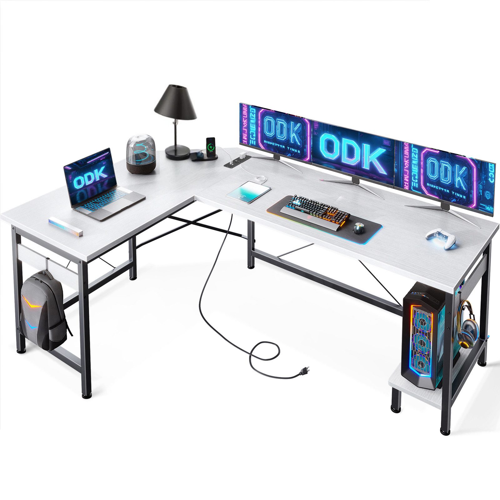 ODK Gamingtisch L Form Schreibtisch, mit Steckdosen, USB-Ladeanschluss und CPU-Ständer (1-St), 150 ×120 cm, weiß