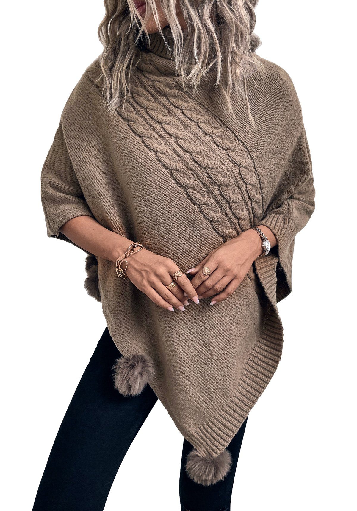 Strickponcho Damen Strickponcho mit Kragen, Winter warme Schal Pullover