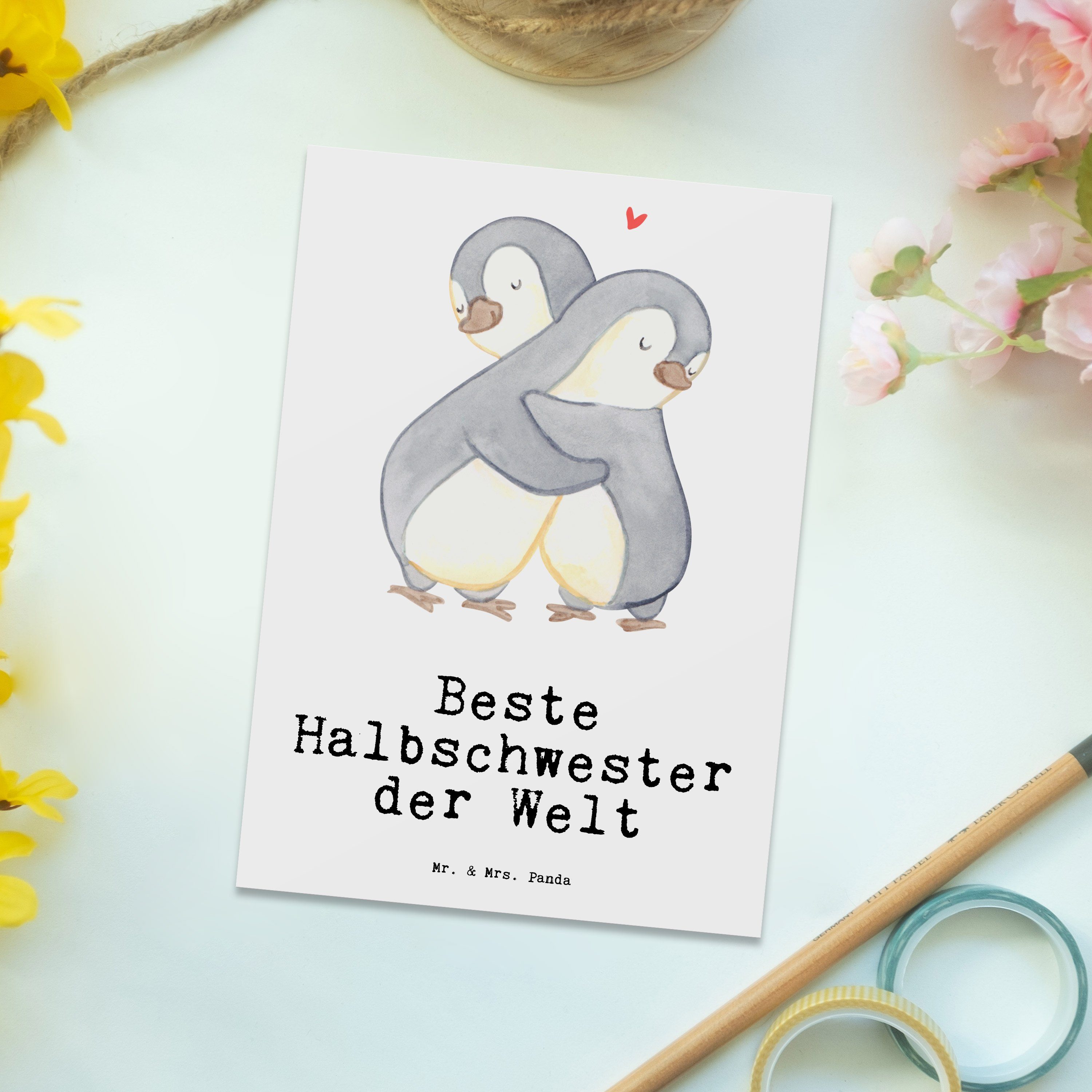 & Geschenk, Mr. - Panda Postkarte Halbschwester Geschwister der Beste Welt Pinguin - Mrs. Weiß