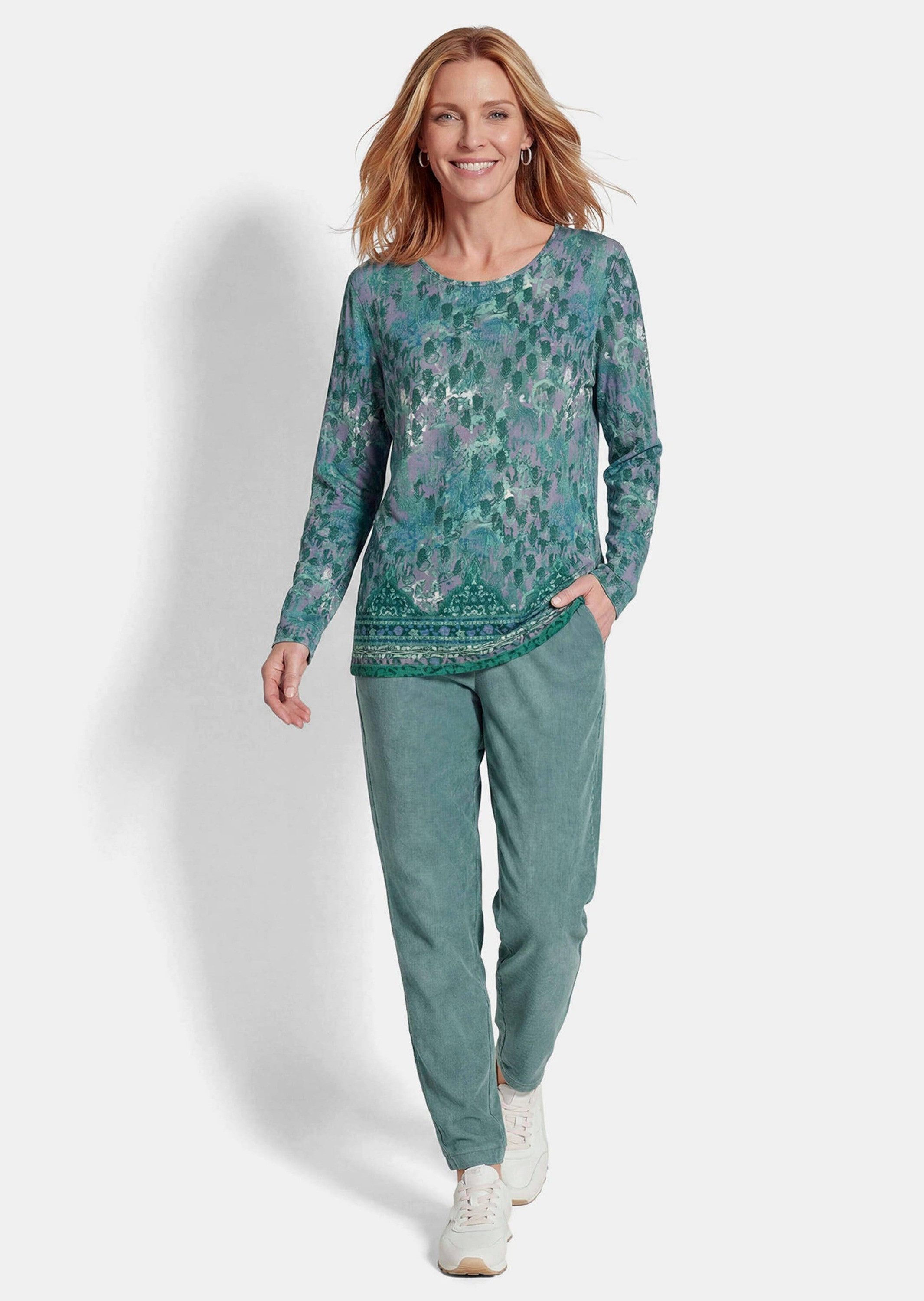 GOLDNER Print-Shirt Langarmshirt mit Rundhalsausschnitt Elastisches Oberteil mit Allover-Druck und Saumbordüre