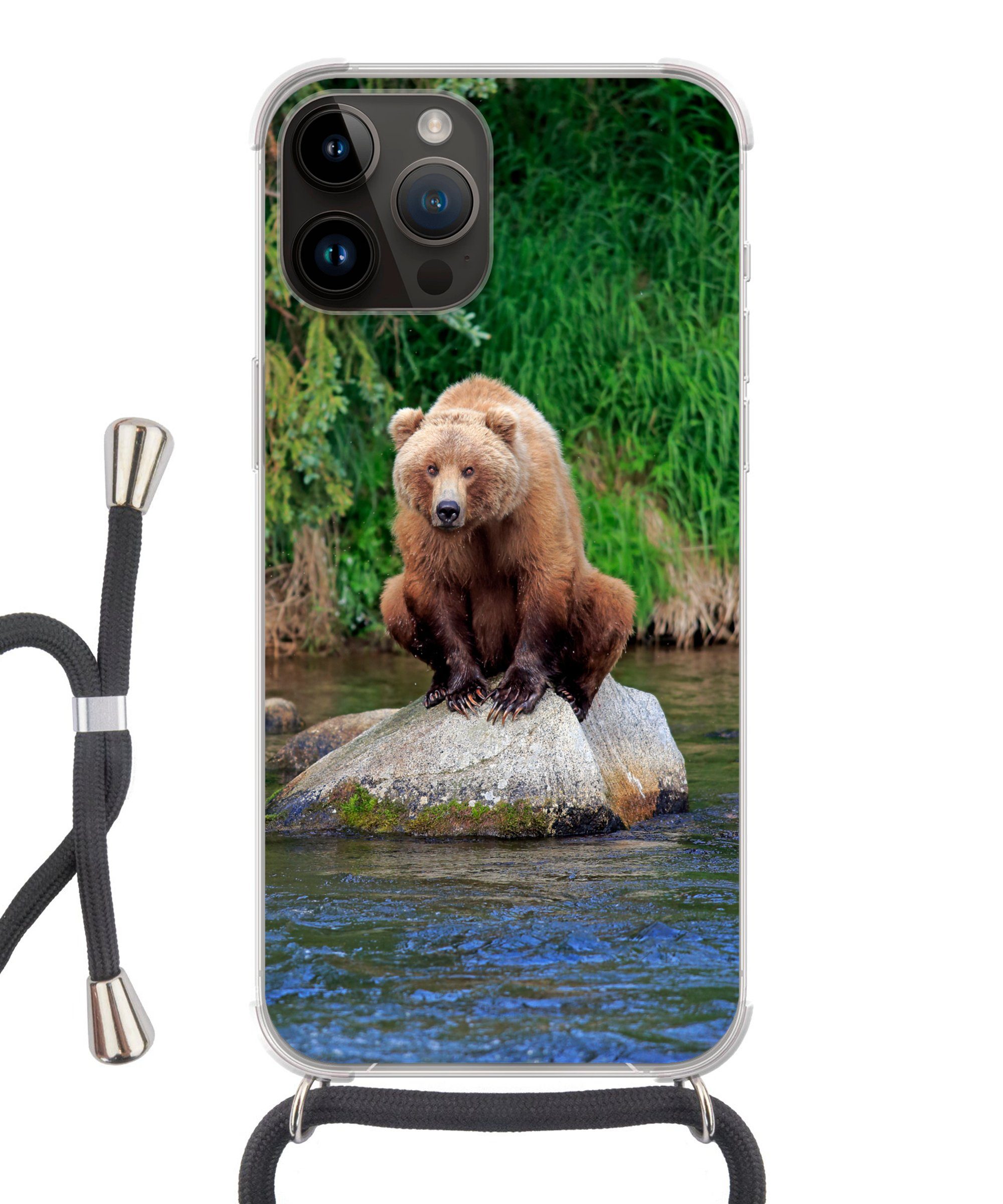 MuchoWow Handyhülle für Apple iPhone 14 Pro Max Bär - Stein - Tier, Tragbare Handyhüllen mit Kette zum umhängen, Handykette Handyband