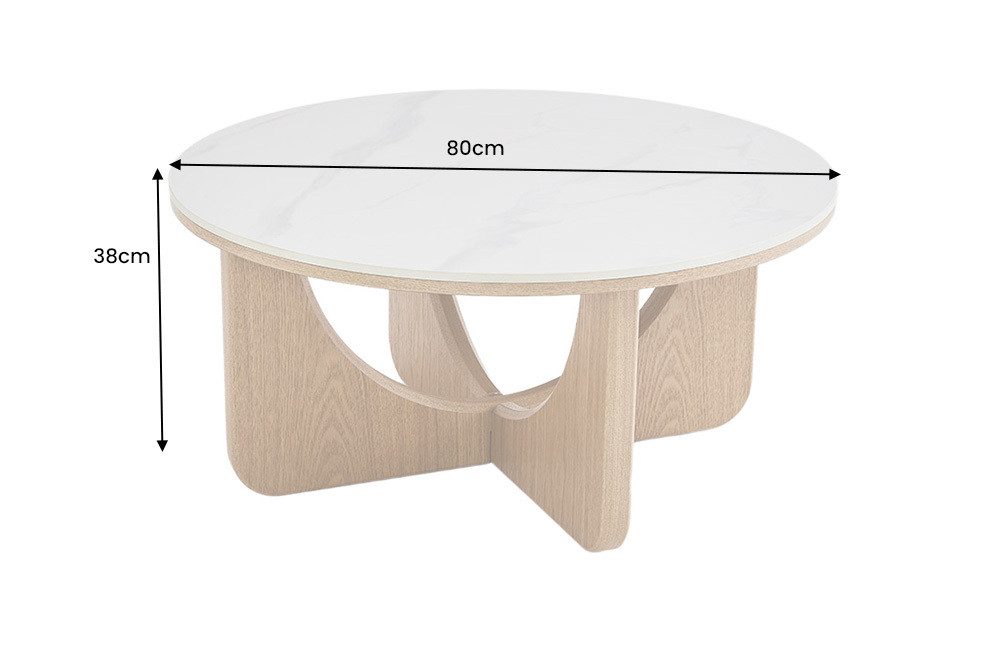 riess-ambiente Couchtisch ENSO 80cm weiß/natur - Keramik, Eiche-Design, Echtholzfurnier, rund (Einzelartikel, 1-St), Platte im Marmor-Stil & markantes Gestell - ideal für Dein Wohnzimmer