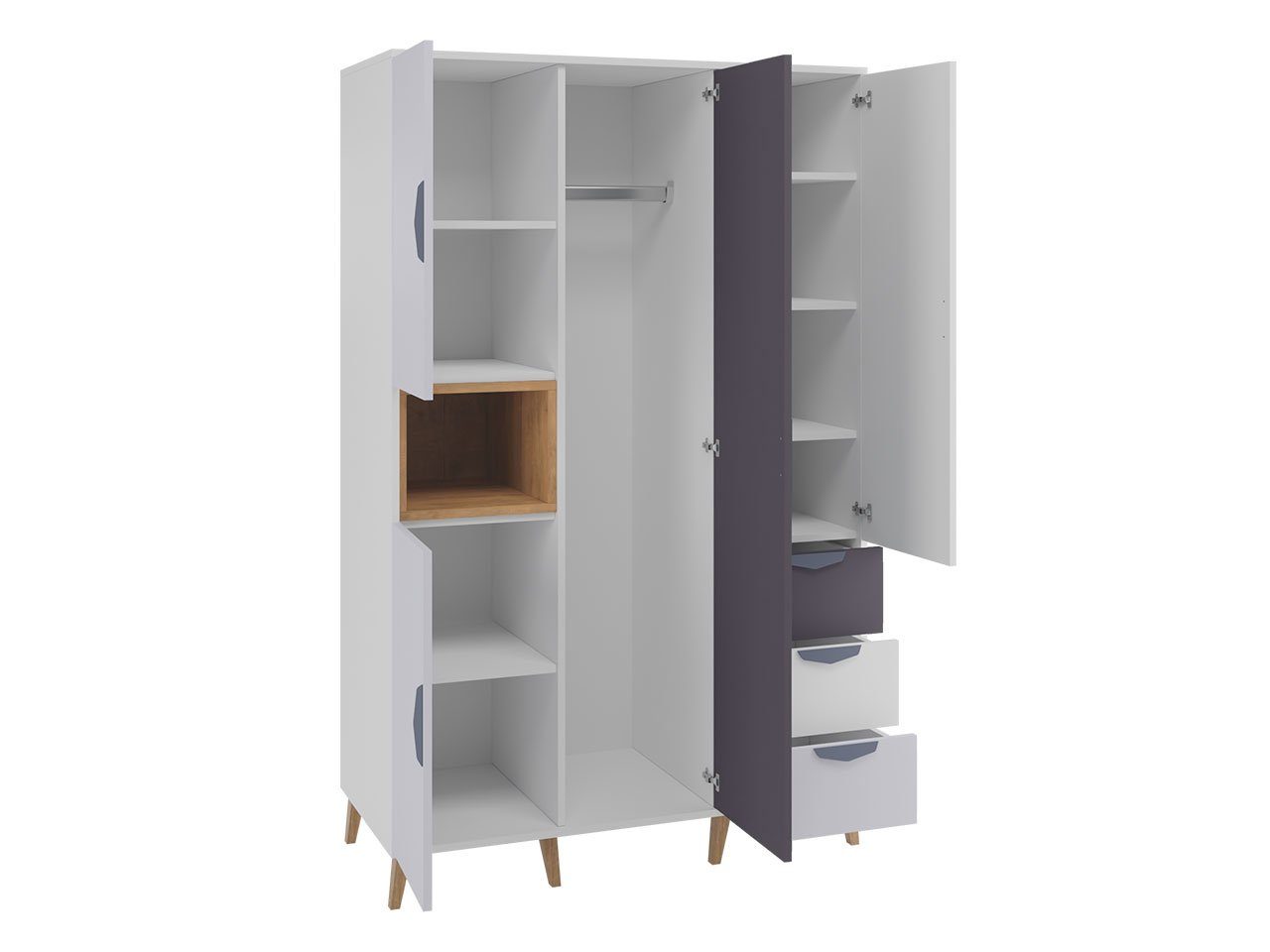 MIRJAN24 Kleiderschrank Joker 01 (4-Drehtüren und 3-Schubladen) mit Kleiderstange, Rollgleitschienen, Skandinavisch