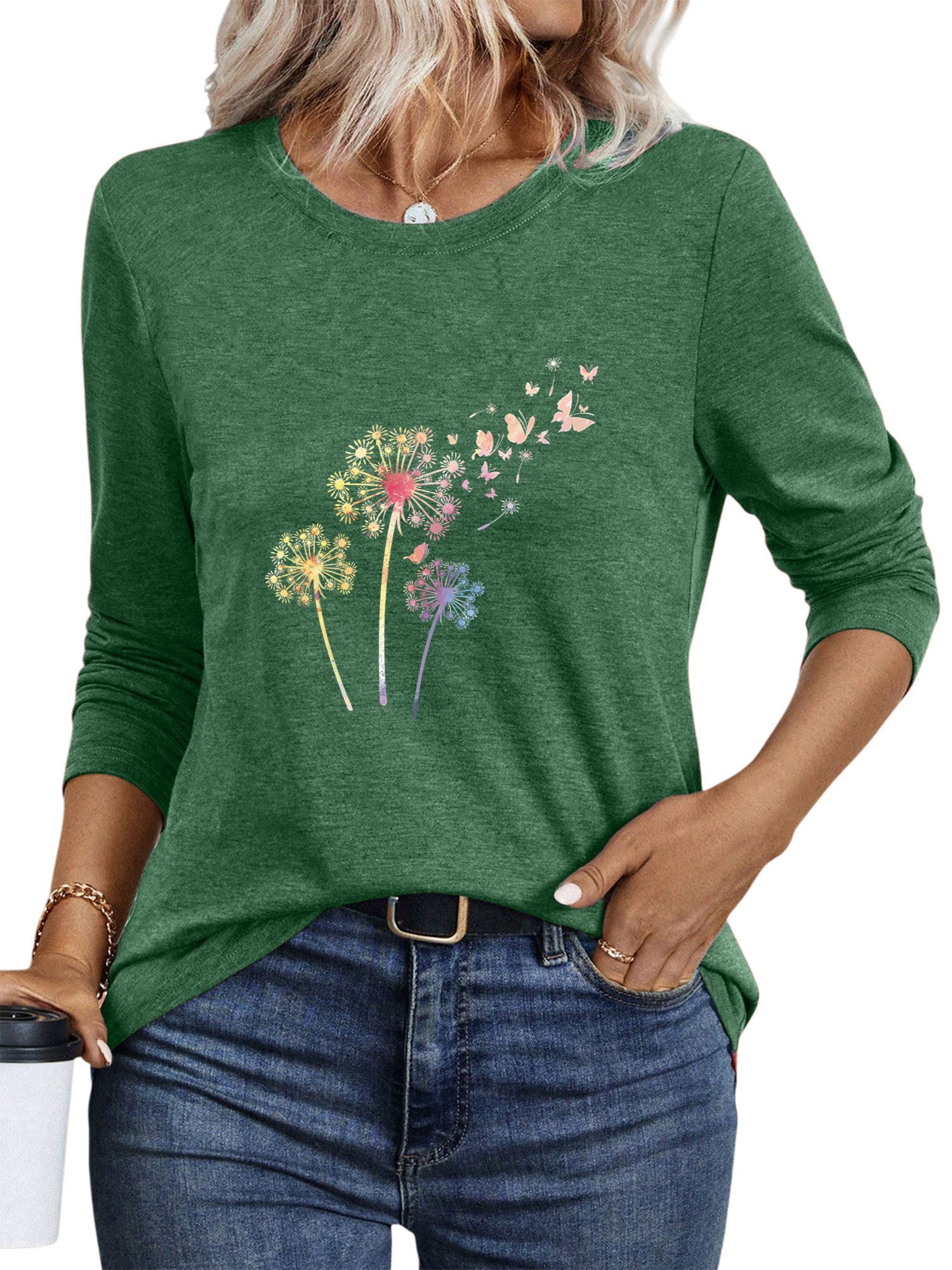 PYLIKE Longsleeve Damen Rundhalsausschnitt Longsleeve mit Löwenzahn Print-Shirt Geeignet für den täglichen Gebrauch im Büro und zu Hause