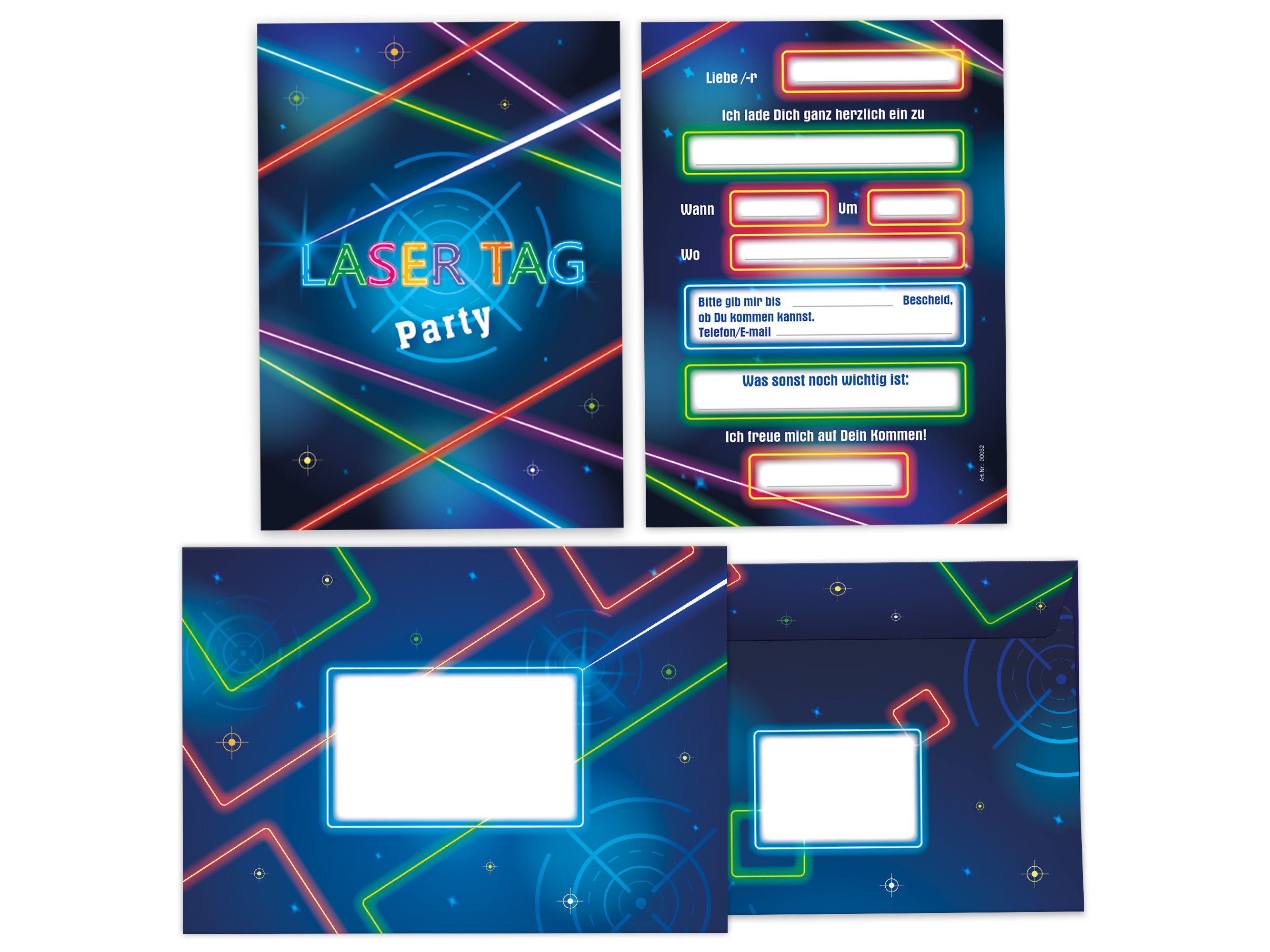 LIMONIA Einladungskarten Lasertag zum Geburtstag Mädchen Jungen Einladungen mit Umschlägen, Einladungskarten mit Umschlägen zum Kindergeburtstag neon Party