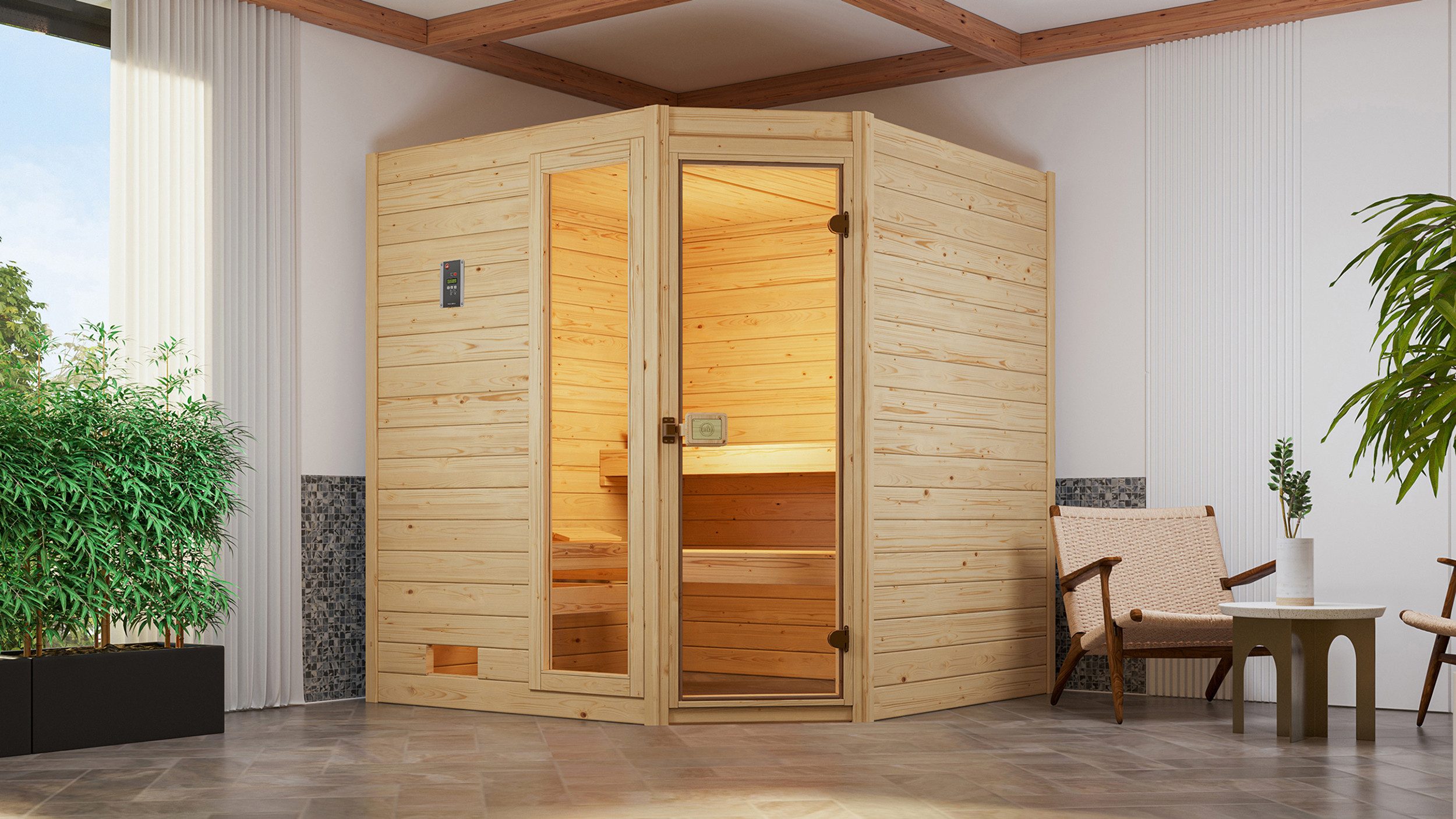Thumbnail - weka Sauna Massivholzsauna VALIDA Eck 2, BxTxH: 189 x 189 x 203,5 cm, 38 mm, Blockbohlen, Fensterelement, moderne Ganzgl...
