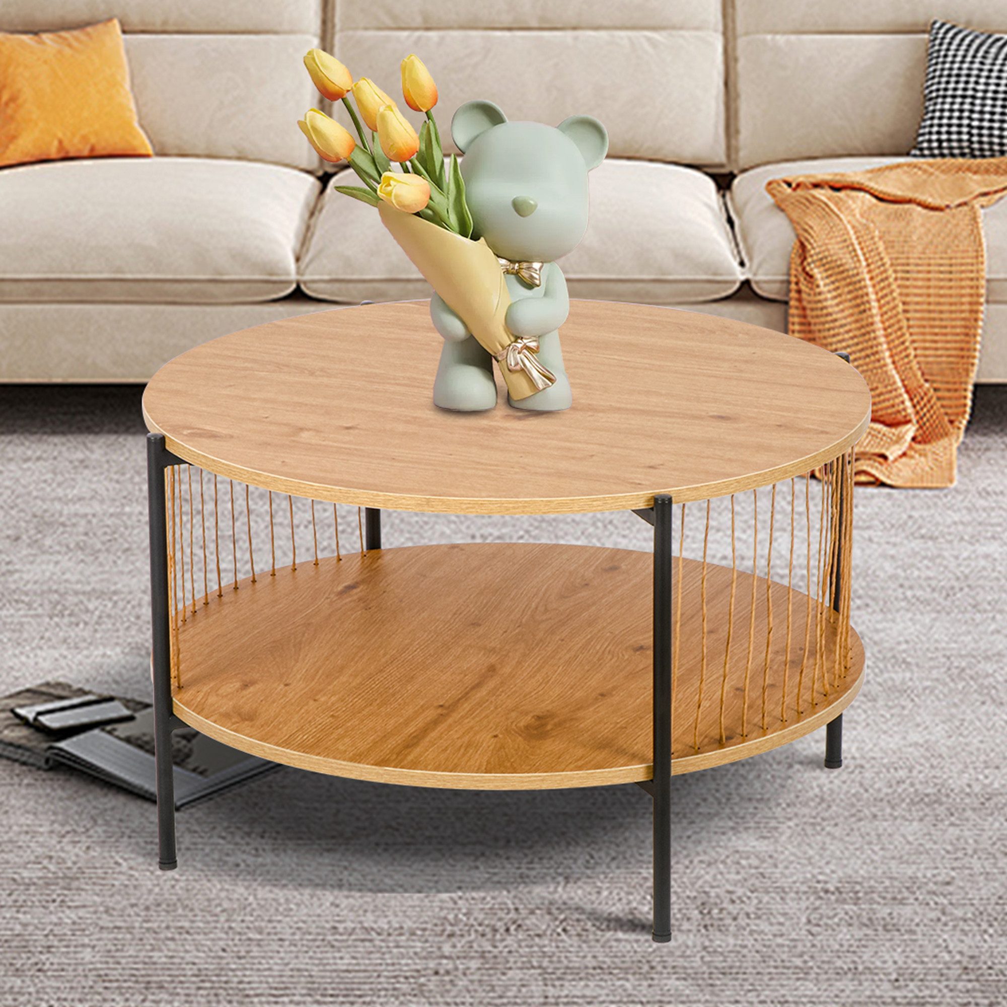 BIGTREE Couchtisch Couchtisch rund mit 2 Ebenen, Beistelltisch Holz