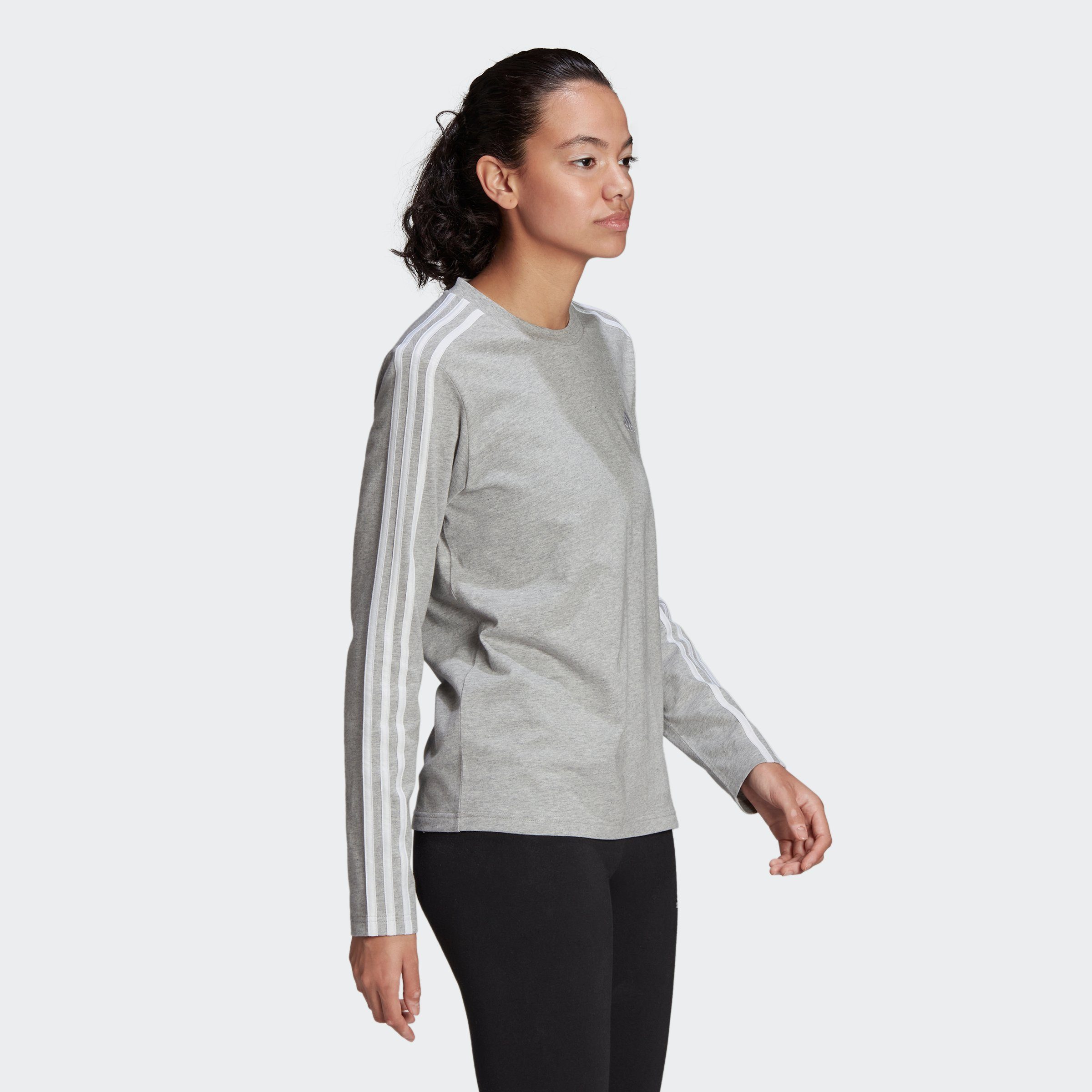 adidas Sportswear Langarmshirt ESSENTIALS White 3STREIFEN / Heather Medium Grey LONGSLEEVE