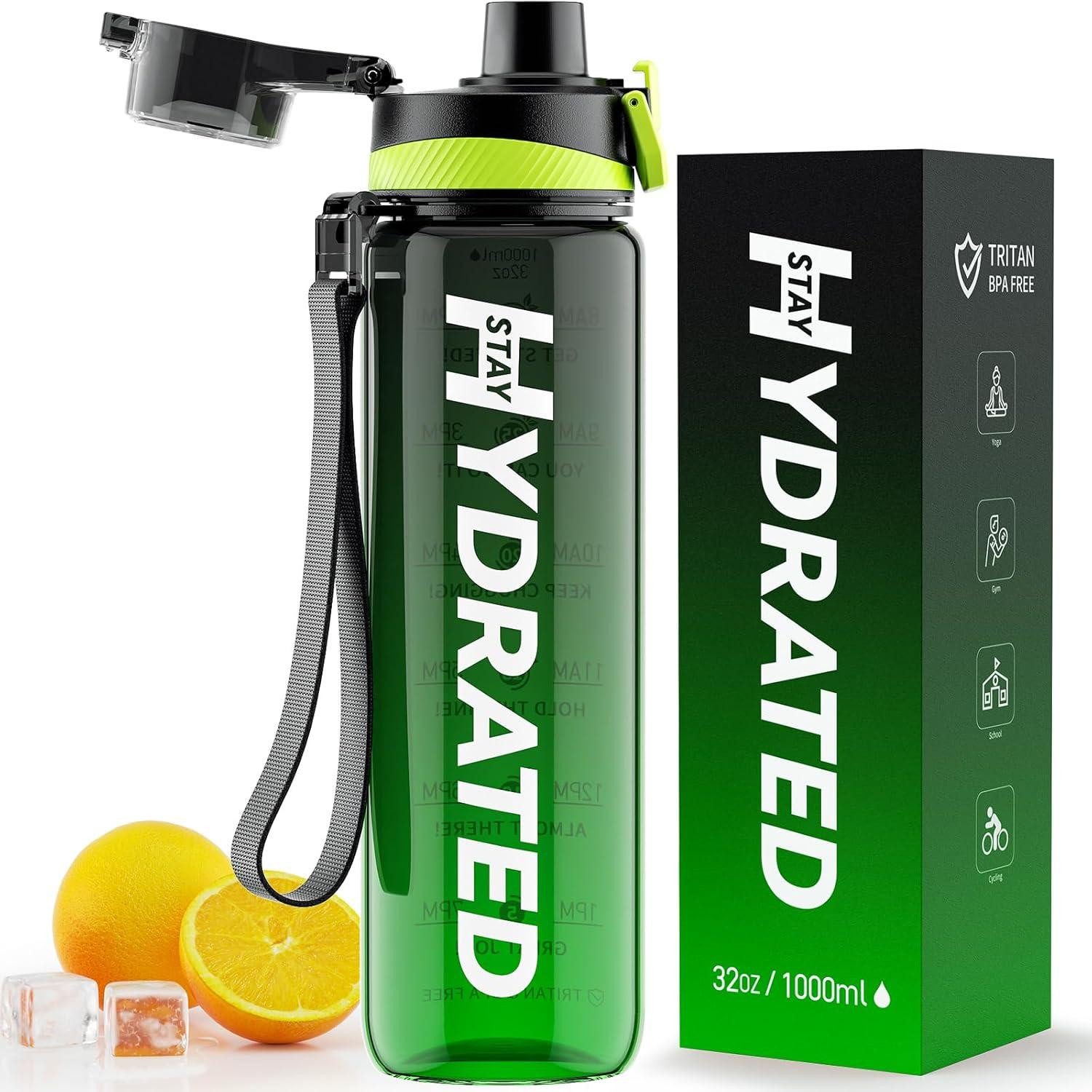 Becher Trinkflasche 1L Wasserflasche aus Tritan BPA-frei mit Zeitmarkierung