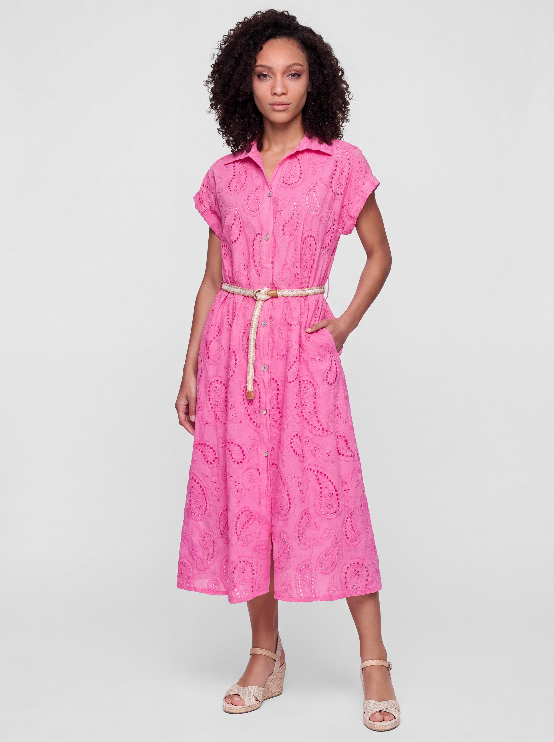 PEKIVESSA Sommerkleid Hemdblusenkleid mit Lochstickerei und Gürtel in Midilänge