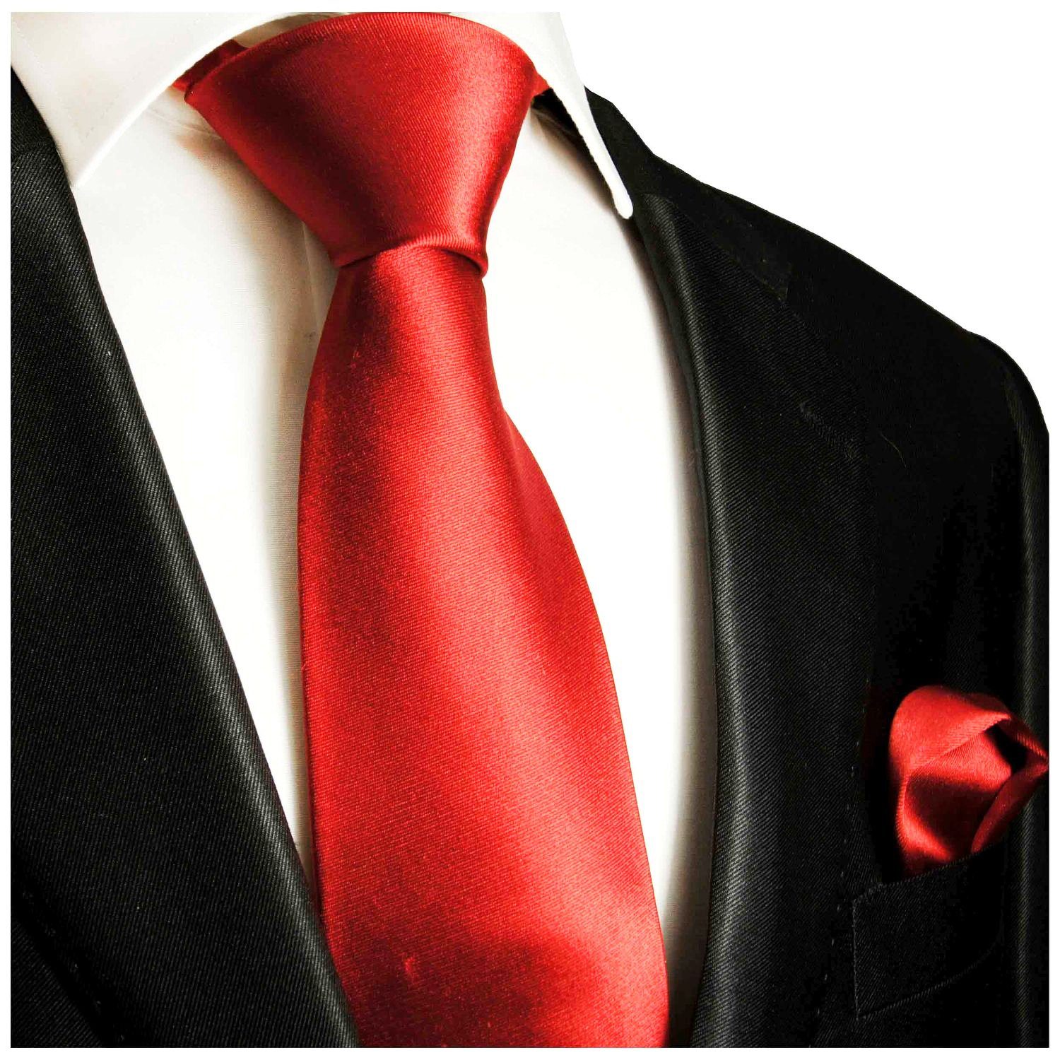 Paul Malone Krawatte Herren Seidenkrawatte Schlips mit Tuch modern uni satin 100% Seide (Set, 2-St., Krawatte mit Einstecktuch) Breit (8cm), rot 908