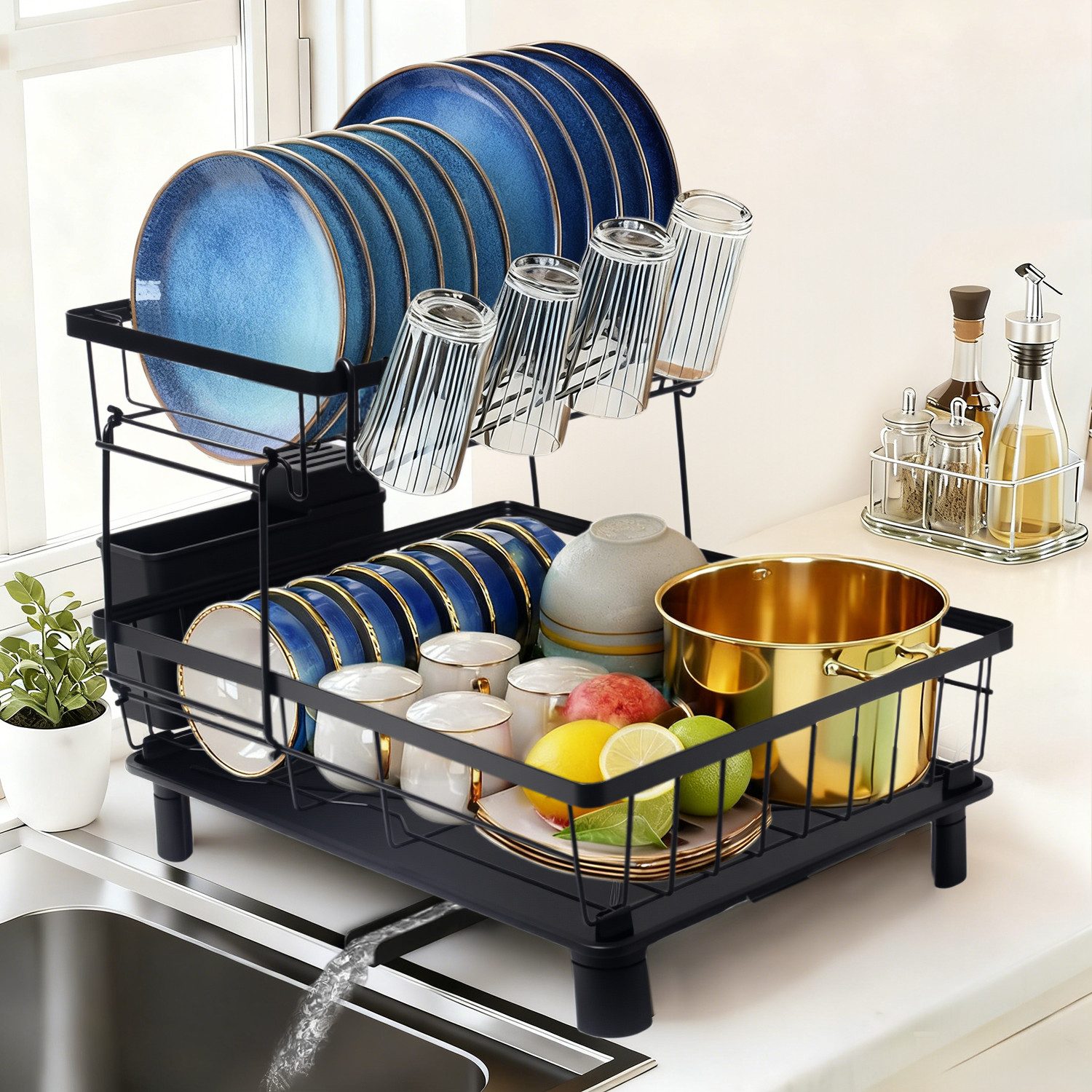 Zedelmaier Geschirrständer Abtropfgestell Geschirr, Geschirrabtropfgestell 2-Stufig, mit 360° Drehbarem Auslauf und Abtropfschale, Platzsparend